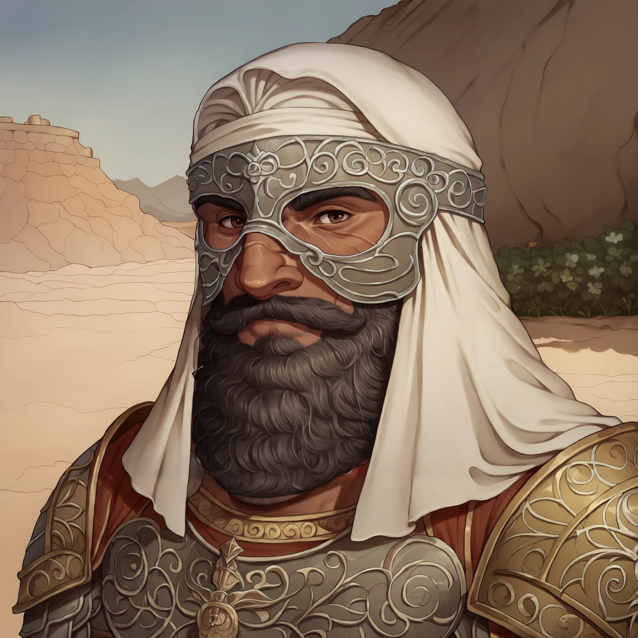 (((beautiful, high quality, comics style, detailed face))), score_9, score_8_up, score_7_up, BREAK, upper body, solo, 1man, (Dwarf, short stature, big nose), ((mature male, wrinkles)), ((dark skinned, +tanned)), (black beard, long dwarf beard, curly beard, brown eyes), ((roman lorica armor, silver armor:1.5)), smiling, BREAK desert, fantasy background, DeepNegative_xl_v1, detailxl, zPDXL3, detailxl, ((venetian mask:1, silver mask)), (wears a white headscarf, ghutra)