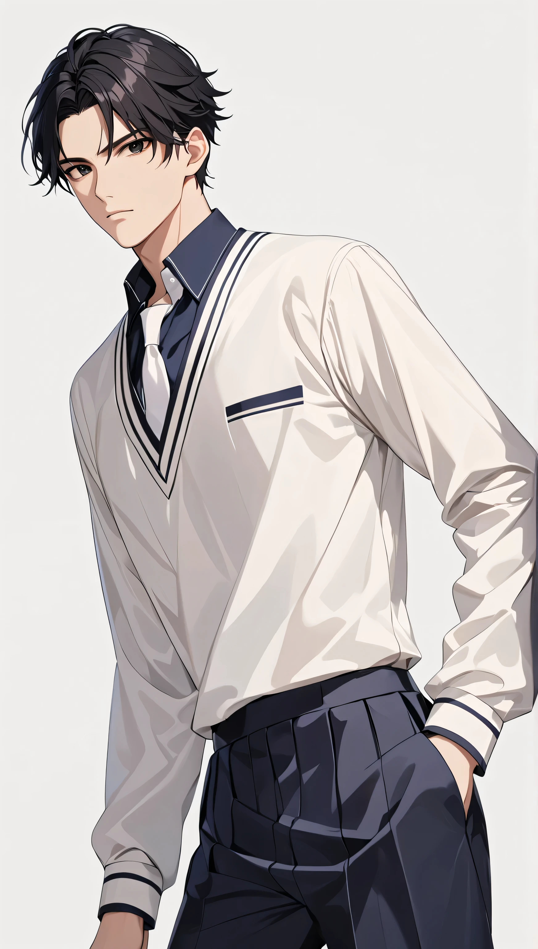 top quality　 Masterpiece 　 high definition 　 Masterpiece 　, black hair man,　　 black Eyes man 　  plain backround, no backround, white backround, male, mascular body, serious face, , handsome, seifuku  school outfits