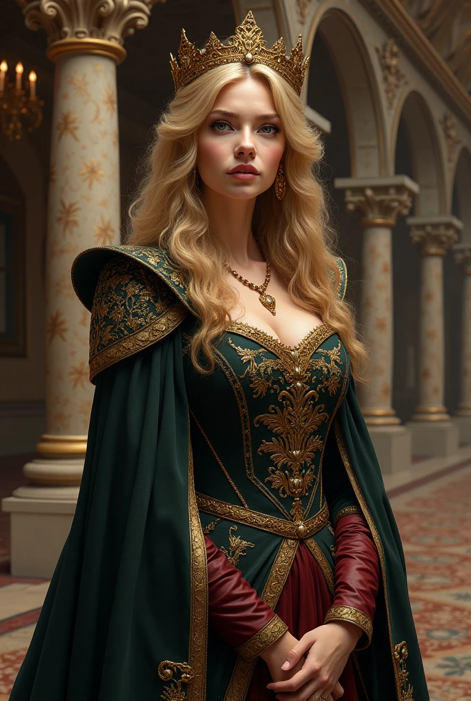 Scott Malm Style - Empire, ((Photorealistic 2))、Blonde Beauty , corsets, Cinematic, (Portrait), sideface, foreshortening,  a large bust, cleavage, ((Detailed face, Beautiful face, Full makeup)), full_Body, The upper part of the body、hair, Solo, Castle entrance、 Realistic,(Medium),  (Ultra-detailed:1.2), ((High decorative dresses)), Detailed light, nffsw, empire_Dress