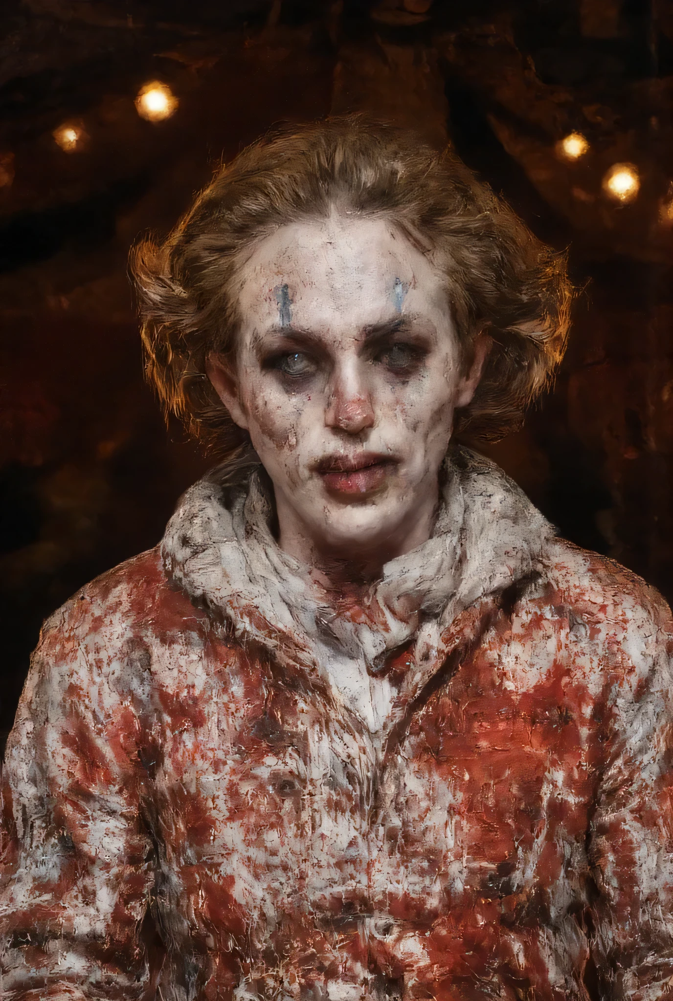 Horrible clown in a dark spooky circus setting, horror, darkness, fear. A man dressed as a clown with poorly painted, dirty and worn makeup, ragged and frayed clothes. Photorealistic, detailed, macabre.