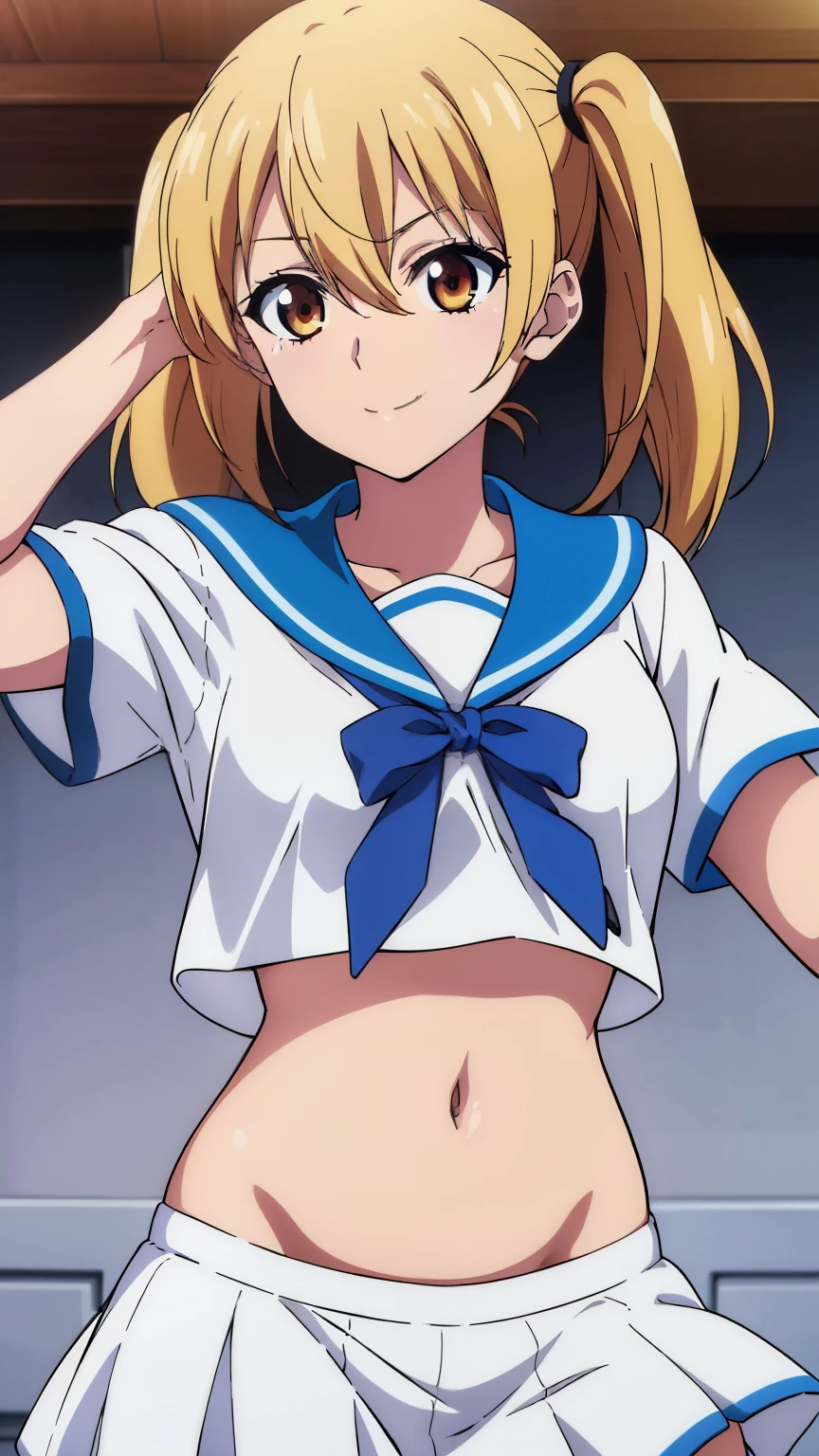(highest quality, 8k, High resolution, masterpiece:1.2), Anime art style, Hair between the eyes, Medium Hair, 1 girl, Perfect Face, eye_Light_big,Small medium breast, Blonde girl, twintails, white skirt, white sailor shirt, tight shirt, midriff, navel, belly button, groin, smile