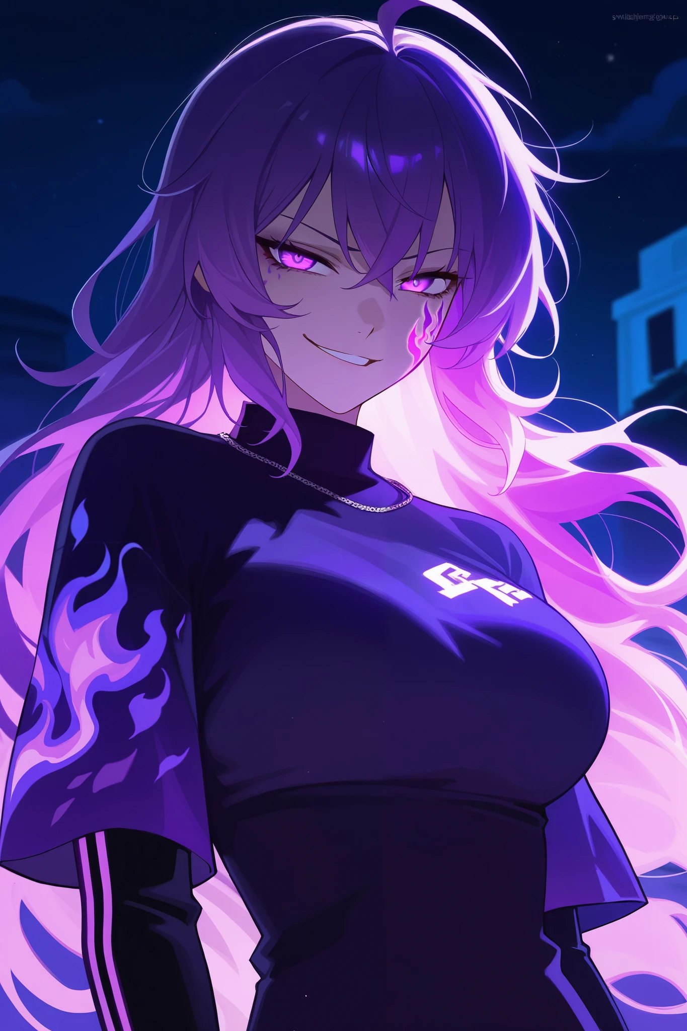 yang xiao long, purple hair on fire(purple) at the bottom, glowing purple tattoo sleeve, sinister smirk, glowing purple eyes, ((night))