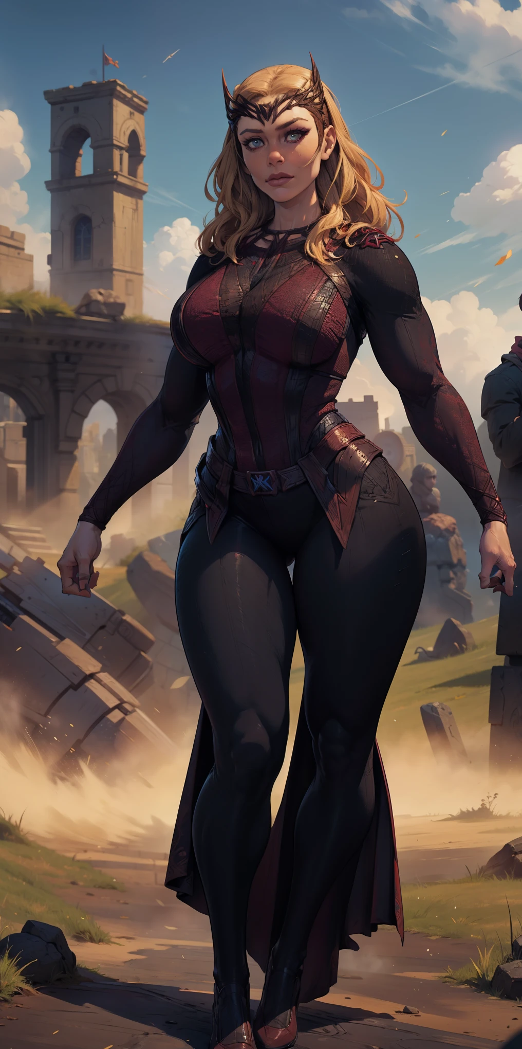 beautiful woman , symmetrical, full body standing , hyperrealistic, a girl, Asgard, Valkyrie, lady knight, correct anatomy , Epic fantasy digital art tattoo , tmasterpiece, 8K, high definition resolution , detailed drawing, high quality , epic composition, muscular body, Muscular arms rotated behind the body, perfect anatomy , full body, el personaje es Wanda from Marvel RIVals, Wanda from Marvel ,