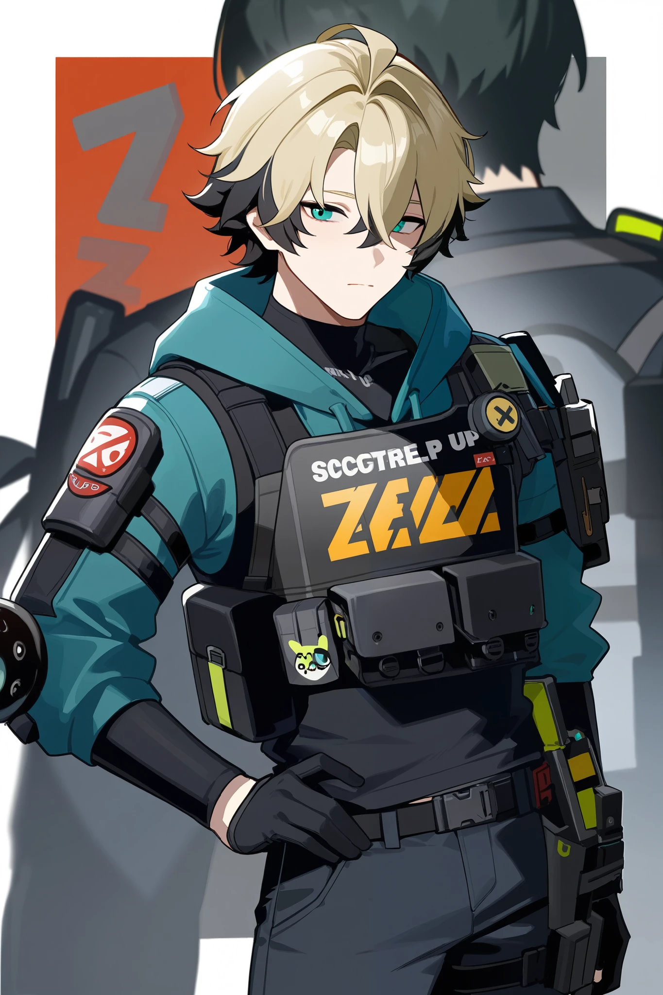 1 man, semi buff, Zenless zone zero, black jeans, heavy tactical gear, blonde and black hair,teal eye color, no emotions