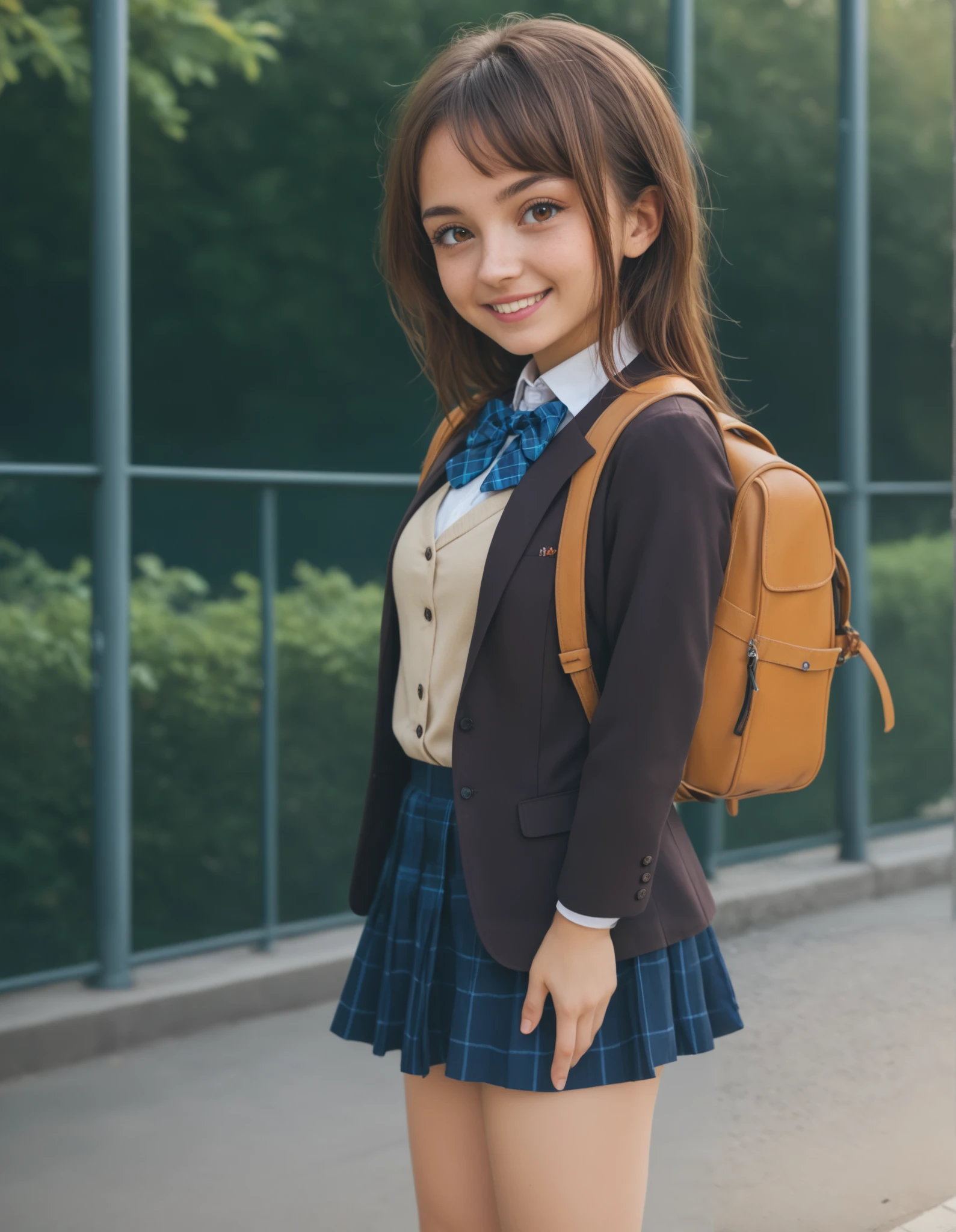 best quality,masterpiece, realistic, 1girl, brown hair, brown eyes, long hair, blue hair ribbon, bang, dark brown blazer, tan color vest , white collared shirt, blue bowtie, blue plaid skirt, opened jacket, white socks,hair bow, standing,smile ,cowboy shot, from side, side view, outdoor, park, holding backpack, brown backpack