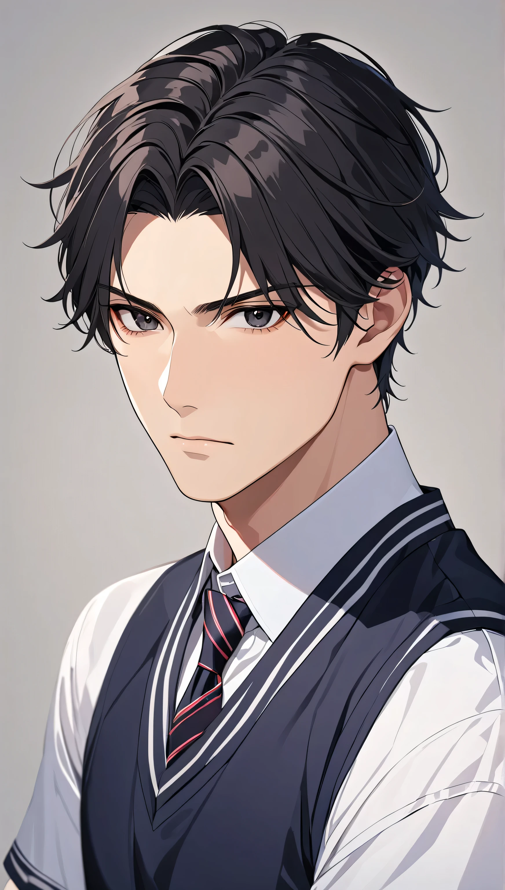 top quality Masterpiece high definition Masterpiece , black hair man, black Eyes man plain backround, no backround, white backround, male, big mascular body, serious face, , handsome, seifuku, school outfits, ikemen, daddy