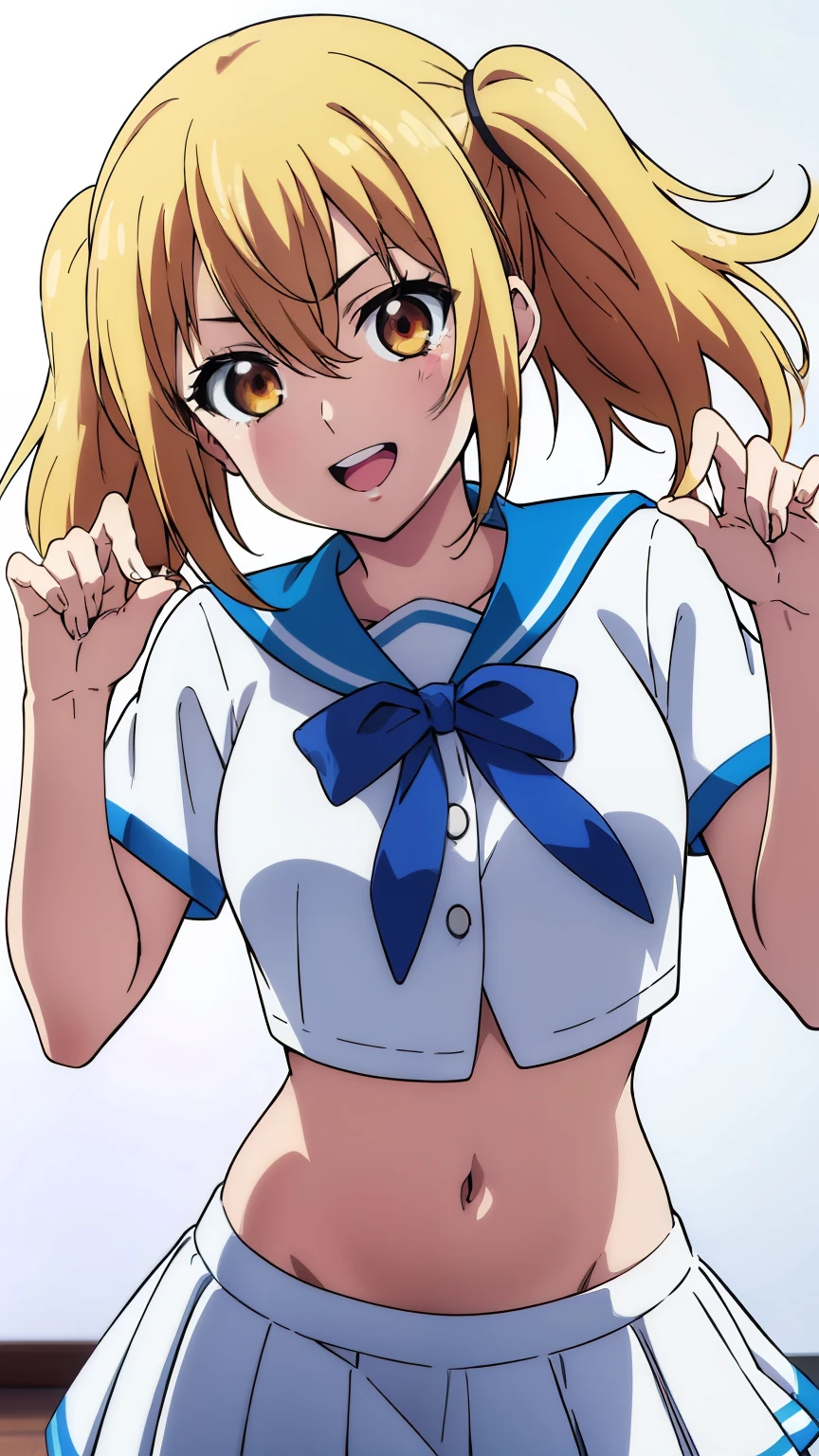 (highest quality, 8k, High resolution, masterpiece:1.2), Anime art style, Hair between the eyes, Medium Hair, 1 girl, Perfect Face, eye_Light_big,Small medium breast, Blonde girl, twintails, white skirt, white sailor shirt, tight shirt, midriff, navel, belly button, groin, smile, open mouth, hands up, clenched hands