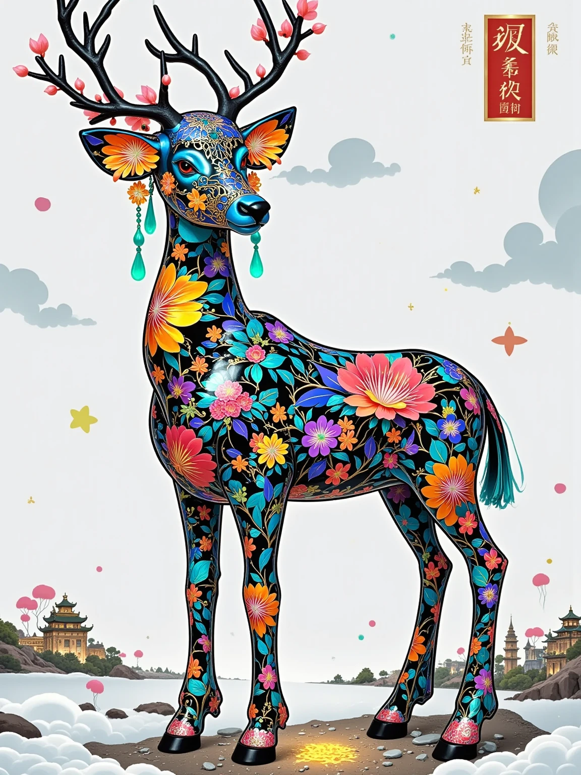 Metallic color, Hieronymus Bosch, beautiful scenery, behance, clean lines, flat illustration, collage style, various historical elements of Gongyi, Gongyi Museum, Luo Shen Tu, Feitian Tu, Northern Song Dynasty hairpins, headdress, all patterns use a nine-color Deer shape presentation, Chinese elements, beautiful colors, high density, full of details, white background, poster design, complex and simple contrast, prominent patterns, commercial illustration, minimalism, combined with Dunhuang
