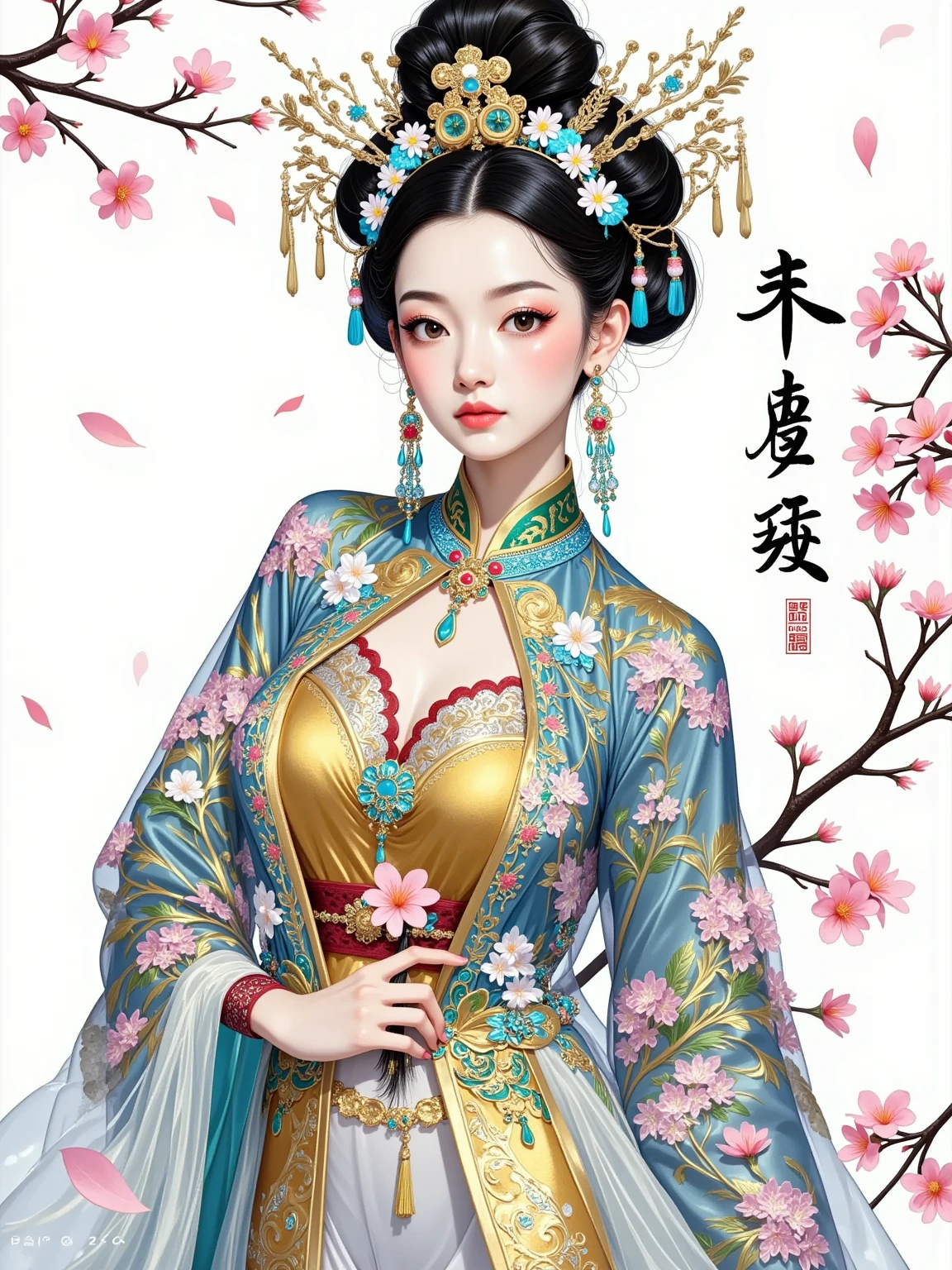 Metallic color, Hieronymus Bosch, beautiful scenery, behance, clean lines, flat illustration, collage style, various historical elements of Gongyi, Gongyi Museum, Luo Shen Tu, Feitian Tu, Northern Song Dynasty hairpins, headdress, all patterns use a nine-color Deer shape presentation, Chinese elements, beautiful colors, high density, full of details, white background, poster design, complex and simple contrast, prominent patterns, commercial illustration, minimalism, combined with Dunhuang