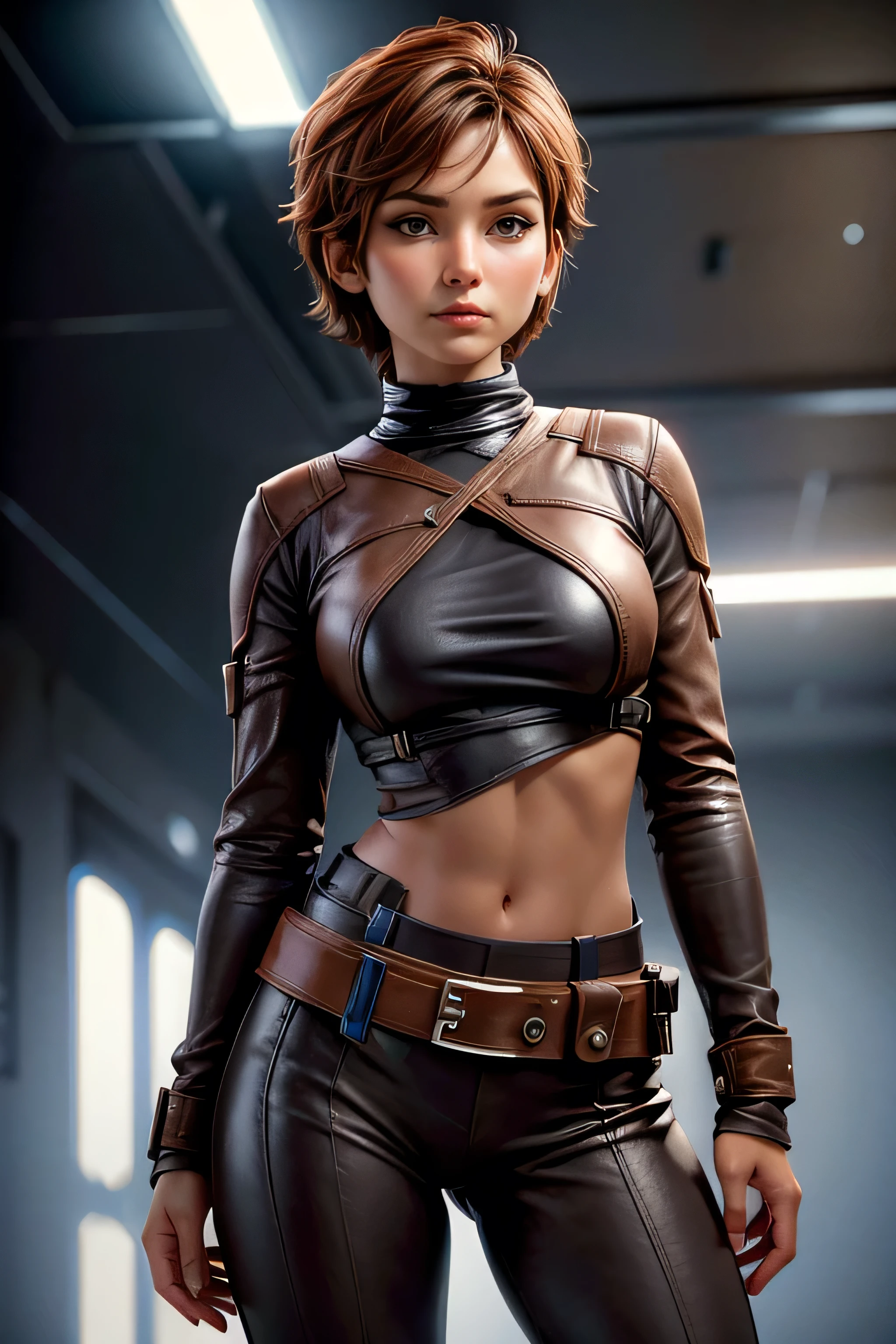 Star Wars , short hair , brown eyes, confident, decided, firm stance, confident expression, female smuggler wears tight brown leather leggings with belt, composition epic character, natural lighting , sharp focus, ultra resolution .