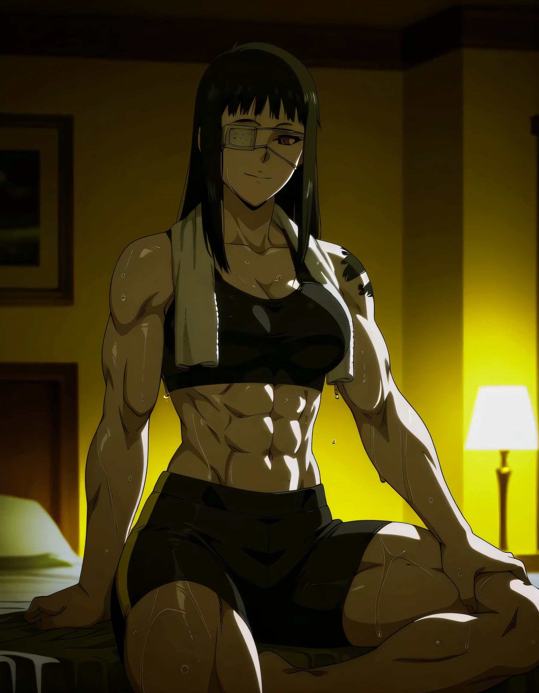 1girl,solo,mm,mature female,black hair,eyepatch,brown eyes,medium breasts,anime coloring,long hair,
muscular,black tight sport bra and black tight sport Elastic shorts,cowboy shot, , wet,bedroom, tattoo, 
,masterpiece,best quality,amazing quality,,muscles and,muscles lines,muscles big size,pelvis muscles,strength muscles looking,dynamic air,Valmet handsome face,Shining abs and shoulders,eight-pack,iron muscles,,Barefoot, sporting attractiveness sexual attractiveness,sitting ,choza sitting ,sexual muscles,light smile,leg laying,hand in own leg, Valmet tall body,towel around her neck,yellow light in room,in night,too wet