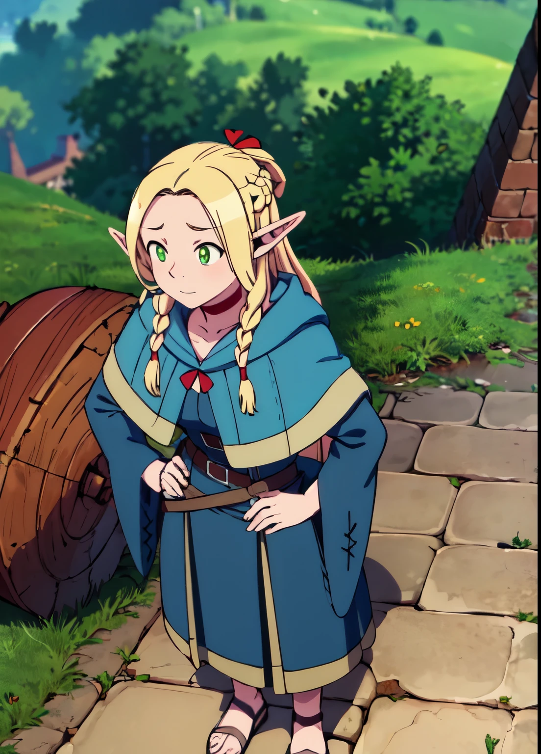 (( best quality )), (( high definition )), Masterpiece, , ( 1 girl),  contrapost poses ,  put hands on hips , Marshill _ Donato _DungeonMeshi, Blonde,  long hair,  twin blade, Elf,  pointy ears,  green eyes,  red choker,  blue capelet, Robe, Sandals, (outside, In the village, dawn)