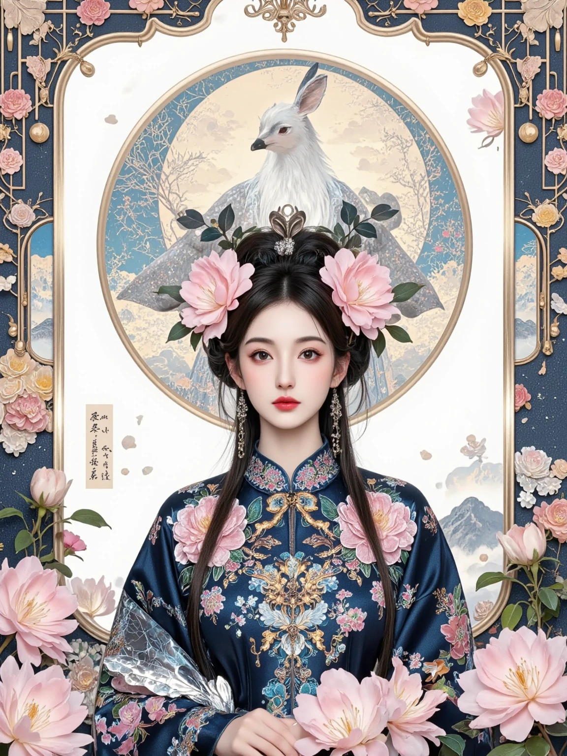 Metallic color, Hieronymus Bosch, beautiful scenery, behance, clean lines, flat illustration, collage style, various historical elements of Gongyi, Gongyi Museum, Luo Shen Tu, Feitian Tu, Northern Song Dynasty hairpins, headdress, all patterns use a nine-color Deer shape presentation, Chinese elements, beautiful colors, high density, full of details, white background, poster design, complex and simple contrast, prominent patterns, commercial illustration, minimalism, combined with Dunhuang