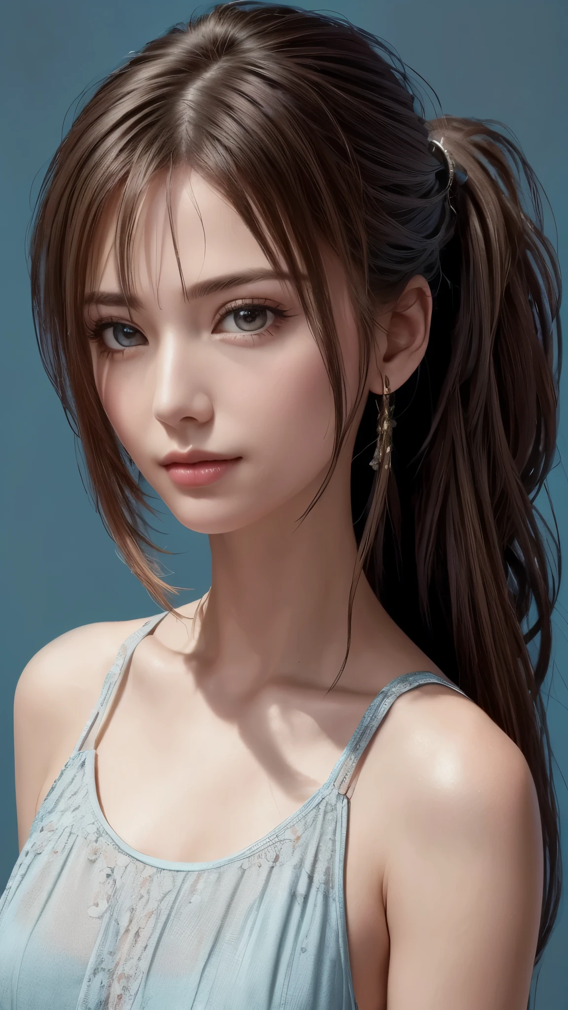 Ultra-detailed complex 3D rendering of the face, (Colossal: 7.8), (masterpiece, top quality, octane rendering, 8K), glamour shot full body image, very beautiful young elf, cleavage, (very detailed skin: 1.2), (exposure: 1.1), brown hair, (skewed silvery micro bikini, : 1.5)), one beautiful Caucasian woman, with full soft breasts and dark skin with big buttocks, Long braided hair, big breasts, dynamic angles, mystical expressions, ultra-realistic photos, ((((portrait))), bare feet, futuristic urban background, facial muscles, detailed and beautiful queen gold crown, in the style of Marvel Comics, ArtStation trends, clear focus, studio photography, intricate details, very detailed, detailed red eyes, very detailed, Sharp Focus, Digital Rendering, Professional, Abs, Dark Grey Background, ((((Sexy Pose))), Glossy Skin,