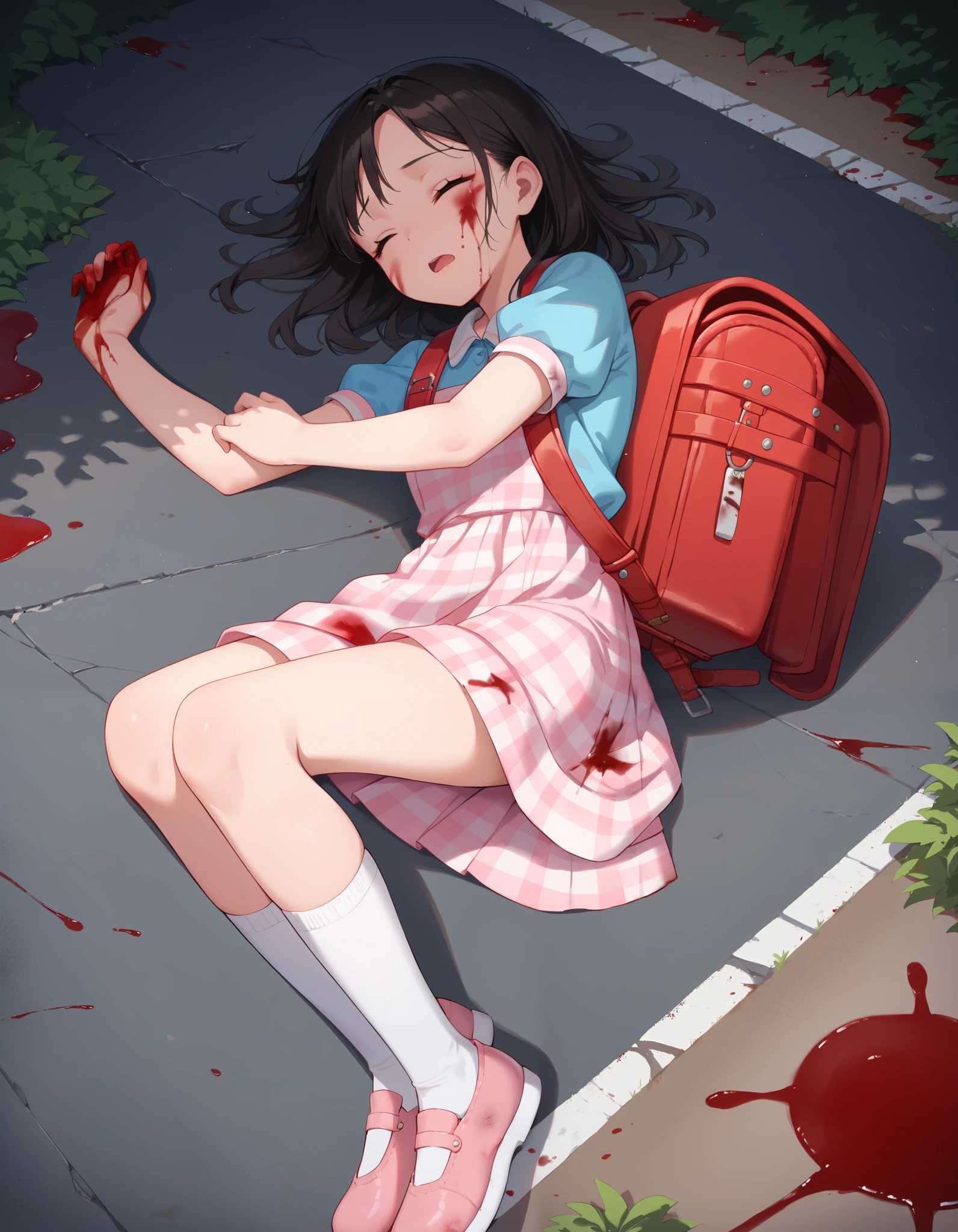Masterpiece, hd, 1girl, wearing summer dress, colorful dress, short sleeves, puffy sleeves, wearing white socks, pink shoes, wearing school backpack, red backpack, fullbody, lying, lying on ground, outdoor, streets, gore, gorecore, dead, violence, blood,(blood:1.2), a much of bloods, missing heads, explode heads, broken heads, (missing heads:1.2), blood splater, missing hands, broken hands, amputee, broken anatomy, closed eyes, opened mouth