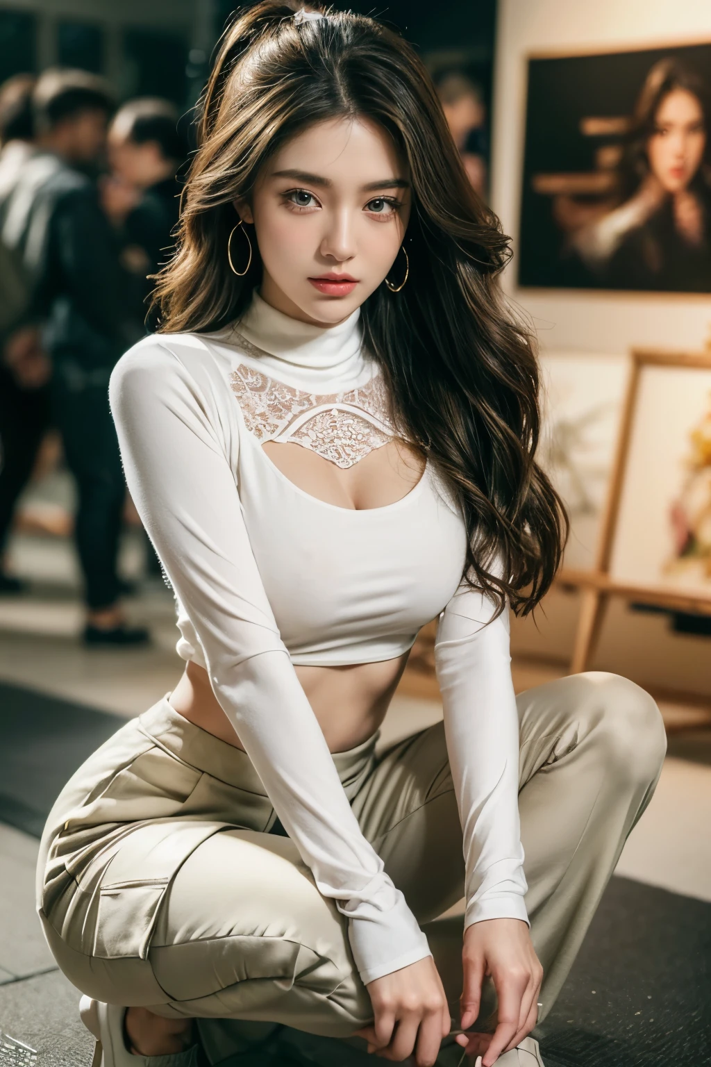 8K, Masterpiece, RAW photo, Best quality, Photorealistic, Extremely detailed CG unifies 8K wallpapers, Depth of field, Cinematic light, Lens flare, Ray tracing, (Extremely beautiful face, Beautiful lips, Beautiful eyes), intricate detail face, ((ultra detailed skin)) 1girll, In the dark, deepshadow, Pretty Korean girl, Kpop idol, 1 girl, (Very slim and slender muscular body:1.3), ((full bodyesbian)),((Long legs)), (thigh gap:1.5),Wide buttock,((view the viewer)),(Big smile:1.3), (Tight lace-up blouse), (Pink shirt), (Sleeveless) , (Fashion night, Dark night, (neon lights sign), (Blurred background), Fashion Street Night),(No one is in the background:1.3), Beautiful earrings, bangle, necklace, Pantyhose, Clear eyes, (Pale skin), (Big eyes), Face forward, ((full body shot shot)), ((Silk white leggings:1.3)),(big assa),(brown hairs),((Skinny silk pants)),(big assa), (view the viewer:1.3) open breast, Very slim, Medium breasts, Turn Back, Back shot, , underwear
