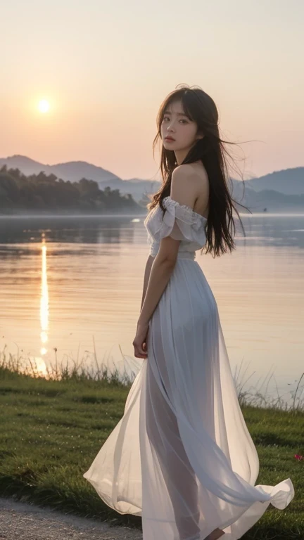 an image of a graceful Korean influencer walking along a tranquil lakeside during sunrise. She’s dressed in an ethereal white dress that flows softly in the morning breeze, and her hair is gently tousled. In her hands, she holds a small bouquet of wildflowers, and her expression is calm and reflective. The lake mirrors the pastel hues of the dawn sky, and mist rises from the water, creating a serene and dreamlike atmosphere.