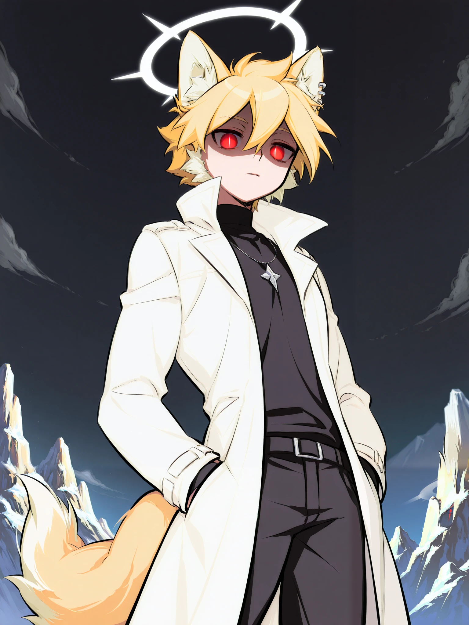 solo, male, adult male, shadow covering face, shadow covering body, blonde hair, emotionless, atop a mountain, from below view, hands on pockets, blonde wolf ears, blonde large wolf tail, piercing red eyes, tall, white trenchcoat, black shirt, black pants, white halo
 (masterpiece), best quality, expressive eyes, perfect face, ,score_9, score_8_up, score_7_up,source_anime,BREAK,masterpiece, best quality,