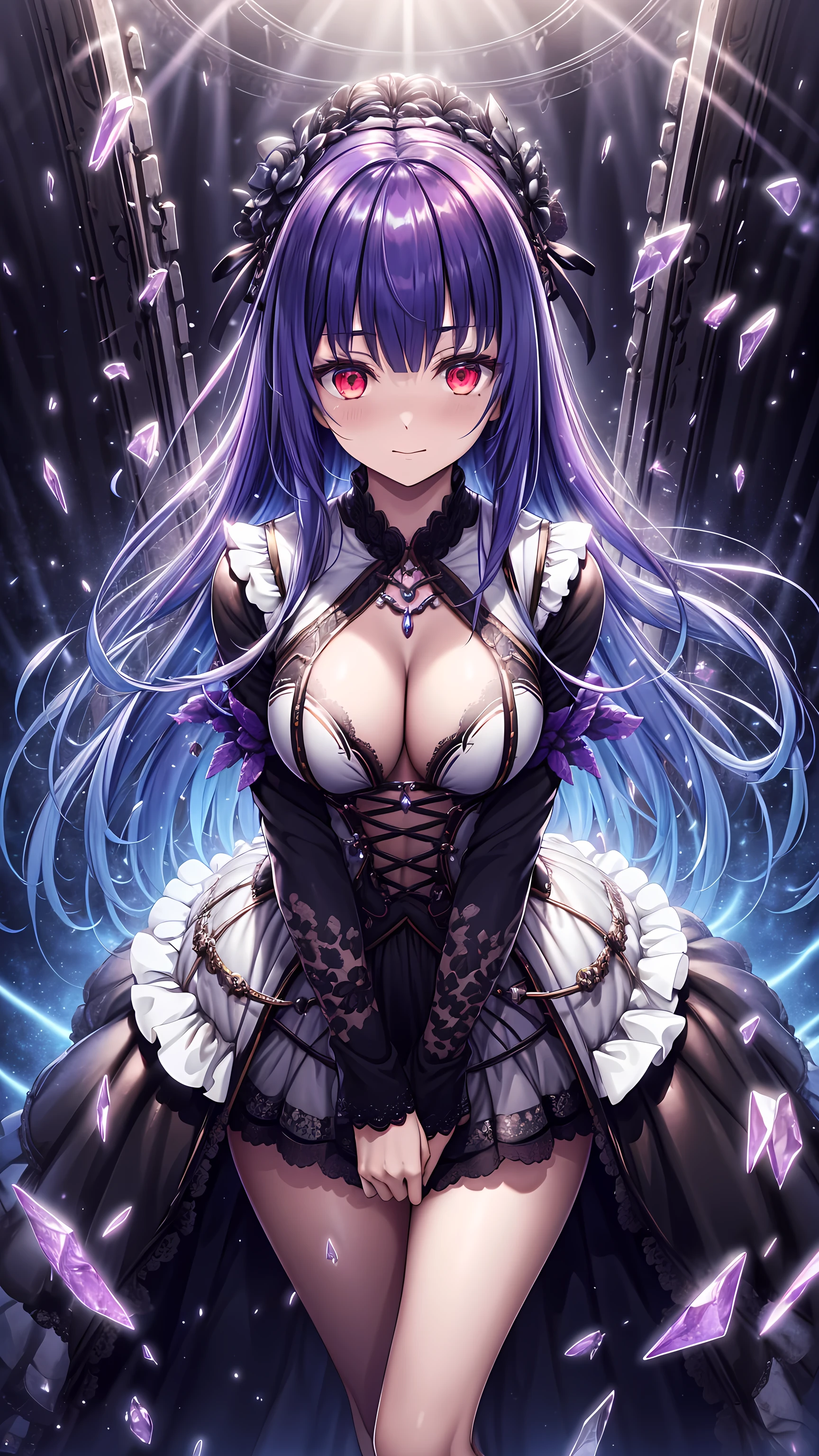 ( masterpiece, best quality, Super Fine, Best shadow), ( detailed background, Fantasy World ), (Beautiful and detailed face ), high contrast , (Best lighting, extremely delicate and beautiful ), (( cinematic lighting )), colorful, super detailed , dramatic light , Intricate details, ( 1 girl, unique , purple hair,,Lace,White Priest's costume,Complex clothing, multi-layered clothing,openwork costume,ta,, red eyes, Eyebrow hair, dynamic angle), Charm,in love,happy, black light swirling around the character , Depth of Field,Black light particles ,(Broken Glass)