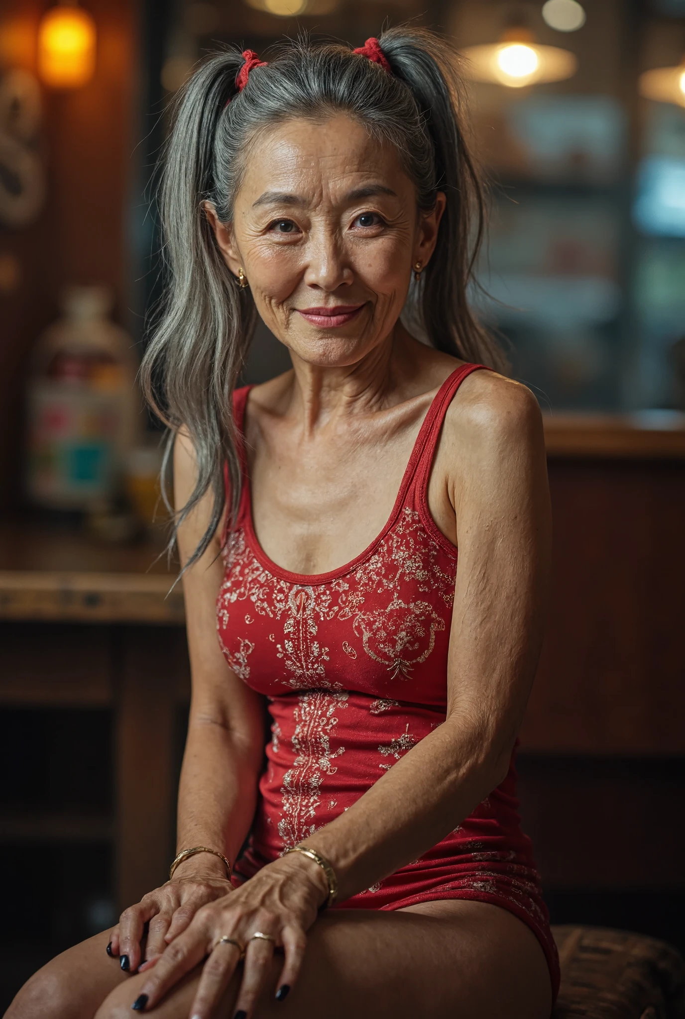  photorealistic、 full body image 、Group photo of 5 beautiful 70-year-old charismatic Japanese prostitutes who are good friends、 with a thin and poor body、Damaged gray ponytail with flashy hairstyle 、 small wrinkles and freckles and moles on the skin 、Wedding Rings、Happy smile、I'm wearing a super high-leg leotard with an off-white enamel design in an odious design、Stiletto heels、Hong Kong's back streets、70-year-old women greeted us in naughty poses at a brothel specializing in high-class old women in the middle of the night、 looking at the camera