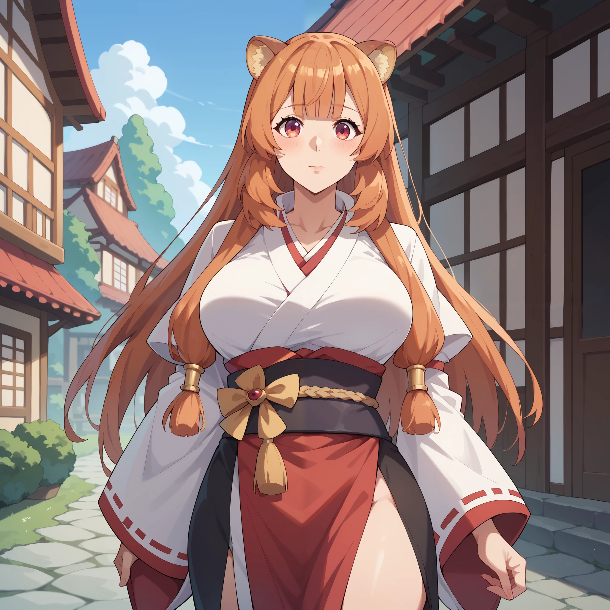 raphtalia,  bright orange hair,  detailed red eyes  , animal ears,  Big breasts,   Japanese clothing  (miko) white and red Kikyo  (Nuyasha)  He's walking through a fantasy town.