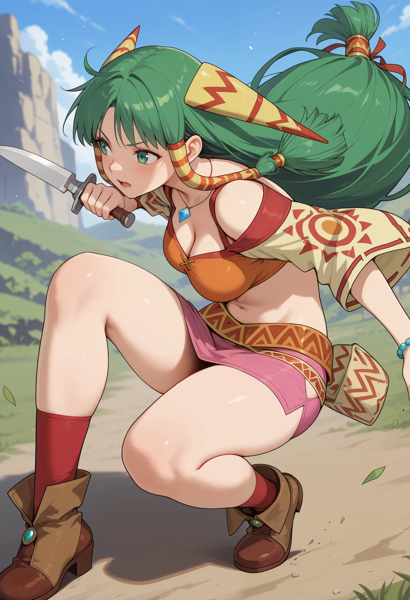 26 yo, face look alike to feena from \(Grandia\), Beautiful Mature young milf, (mature woman with lean perfection abdomen), eyesHD, high gradient eyes, detailed eyes, high definition eyes, sweet sweet expression, confident, large natural breasts, Curvy body, (outdoor-holding a jewel-addorned knife with 1hand - ready to fight a pack of wolves in fantasy classic Grandia settings), battle stance, solo, 1girl, BREAK, She wears an orange bra top that leaves her abdomen exposed, paired with a small short pink skirt held up by a thin red belt. Covering her arms is a tan-colored shawl adorned patterns on both sleeves. Her long green hair flows down her back, with some sections tied through two patterned hair accessories. She completes her ensemble with ripped red socks that extend past her knees and brown shoes featuring tribal patterns similar to those on her belt and shawl, official arts, dynamic jrpg view, (dynamic cinematic angles), fantastic fantasy vibrant background, fighting monsters, 