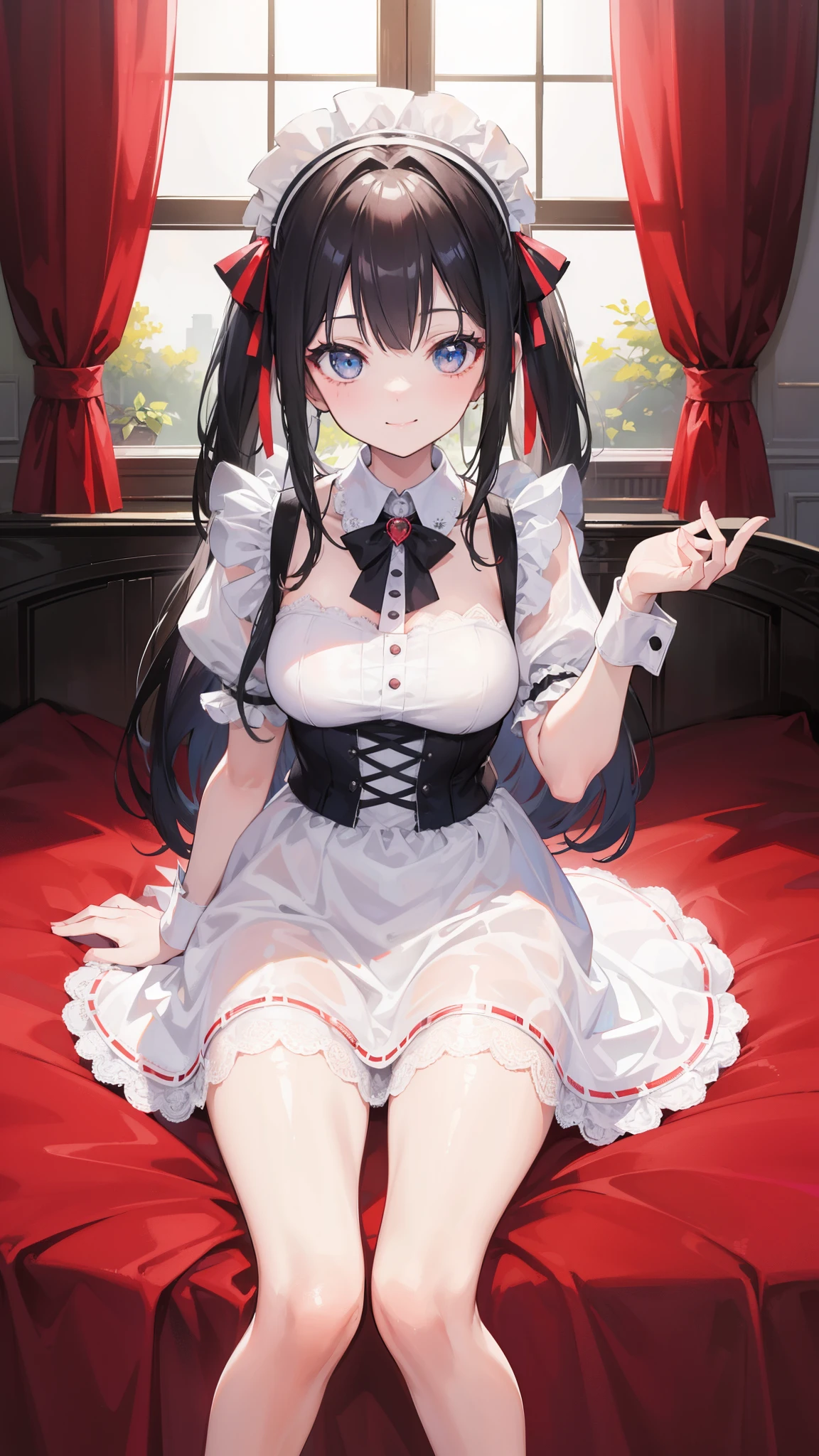 Detailed facial details,1 girl、12 years old,Cat ear,Black long hair, Charming red eyes, Shy expression,Radiant Skin,red lips,Pure white maid outfit,Maid headdress,White gloves,White knee socks,Sitting on the bed,Slim,Large Breasts,Facial details are very detailed, handcuffs,Collar,bedroom,