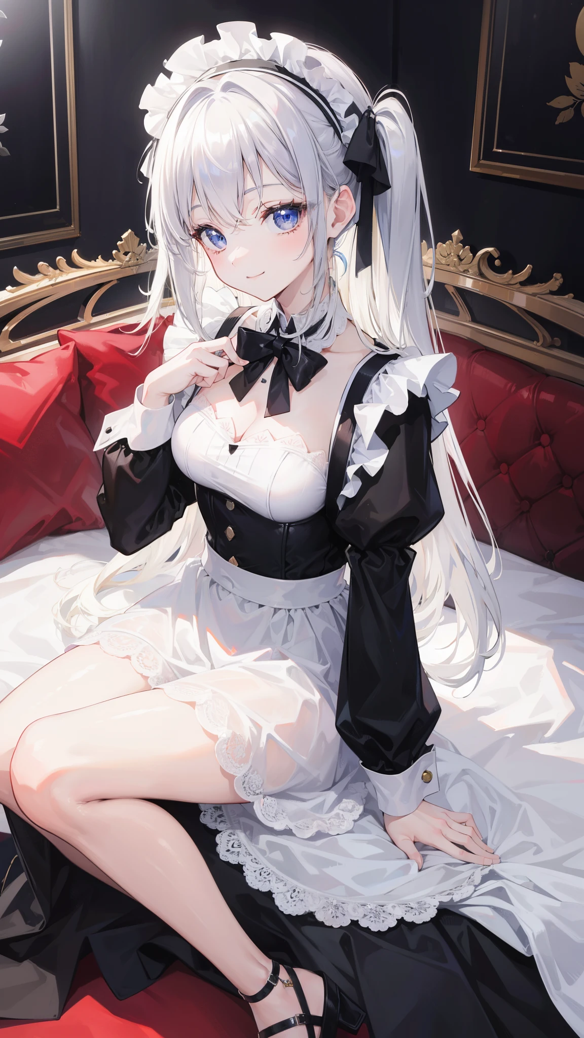 (((1 girl)),Ray Tracing,(Dim lighting),[Detailed Background (Bedroom)),((Silver Hair)),((Silver Hair)),(Fluffy Silver Hair, Plump and slender girl)) Raised ponytail)))) Avoid blonde eyes in the ominous Bedroom ((((Girls、She wears intricately embroidered black high-waisted pants and pantyhose.。) White frilly ribbon gloves), Showing off a delicate, slim figure and graceful curves, Correct limbs, Sitting on the bed、8K、Perfect female body、Red line clothes、8K、High quality、Naughty fashion、Big Breasts、Eros、Lingerie、Pink outfit、bikini