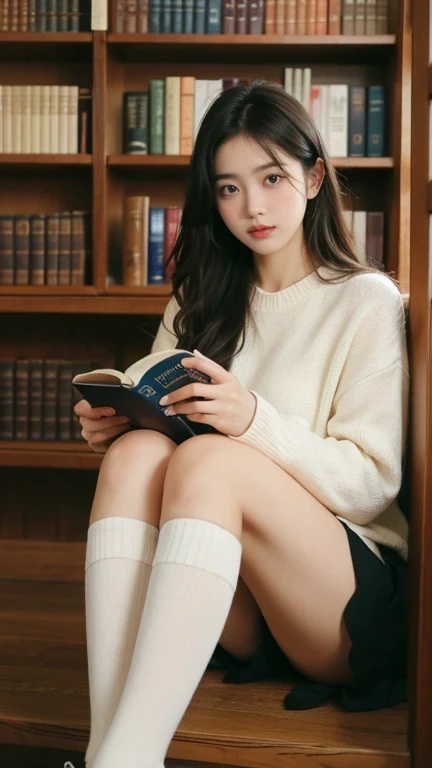 a charming Korean influencer sitting in a cozy library nook surrounded by stacks of books. She’s wearing school uniform with knee-high socks, exuding a warm and relaxed vibe. She holds a steaming mug of coffee in one hand and a classic novel in the other. The dim, ambient lighting, combined with the rich wooden tones of the shelves, creates an inviting and intellectual atmosphere.