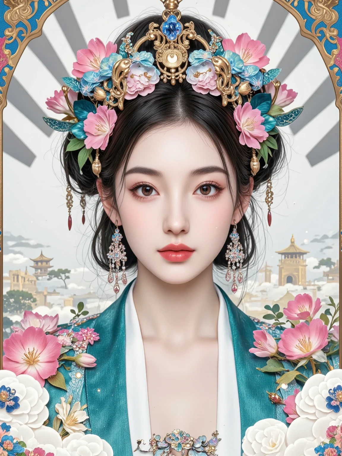Metallic color, Hieronymus Bosch, beautiful scenery, behance, clean lines, flat illustration, collage style, various historical elements of Gongyi, Gongyi Museum, Luo Shen Tu, Feitian Tu, Northern Song Dynasty hairpins, headdress, all patterns use a nine-color Deer shape presentation, Chinese elements, beautiful colors, high density, full of details, white background, poster design, complex and simple contrast, prominent patterns, commercial illustration, minimalism, combined with Dunhuang