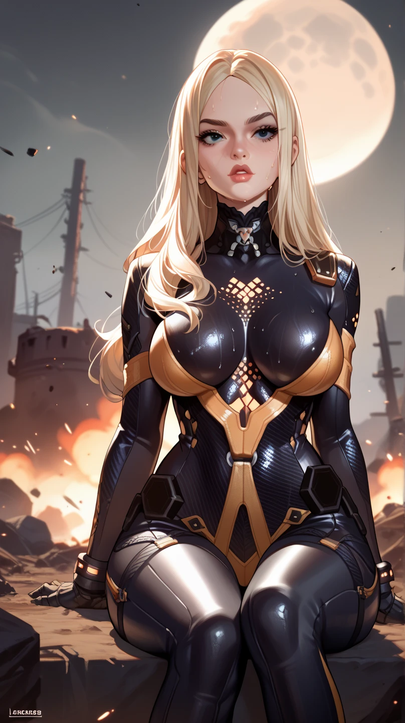 (1 Mechanical Girl)、top-quality、​masterpiece、超A high resolution、(Photorealsitic:1.4)、Raw photo、女の子1人、Golden hair、glowy skin、(((1 Mechanical Girl)))、With a beautiful knife、（Gold Metal Bodysuit）、(beautiful forest background)、(Fighting Demonic Beasts)、(Small LED)、((super realistic details))、portlate、globalillumination、Shadow、octan render、8K、ultrasharp、Colossal tits、Raw skin exposed in the cleavage、metals、Details of complex ornaments、Japan details、highly intricate detail、Realistic light、CGSoation Trends、Red Eyes、Eyes shining towards the camera、Mechanical marginal blood vessels connected to neon detail tubes Mechanical vertebrae attached to back、mechanical cervical attaching to neck、(Wires and cables connecting to the head)、Gundam、Small LED、,Mechanical thighs、Toostock、（Hands are also made of machines）、