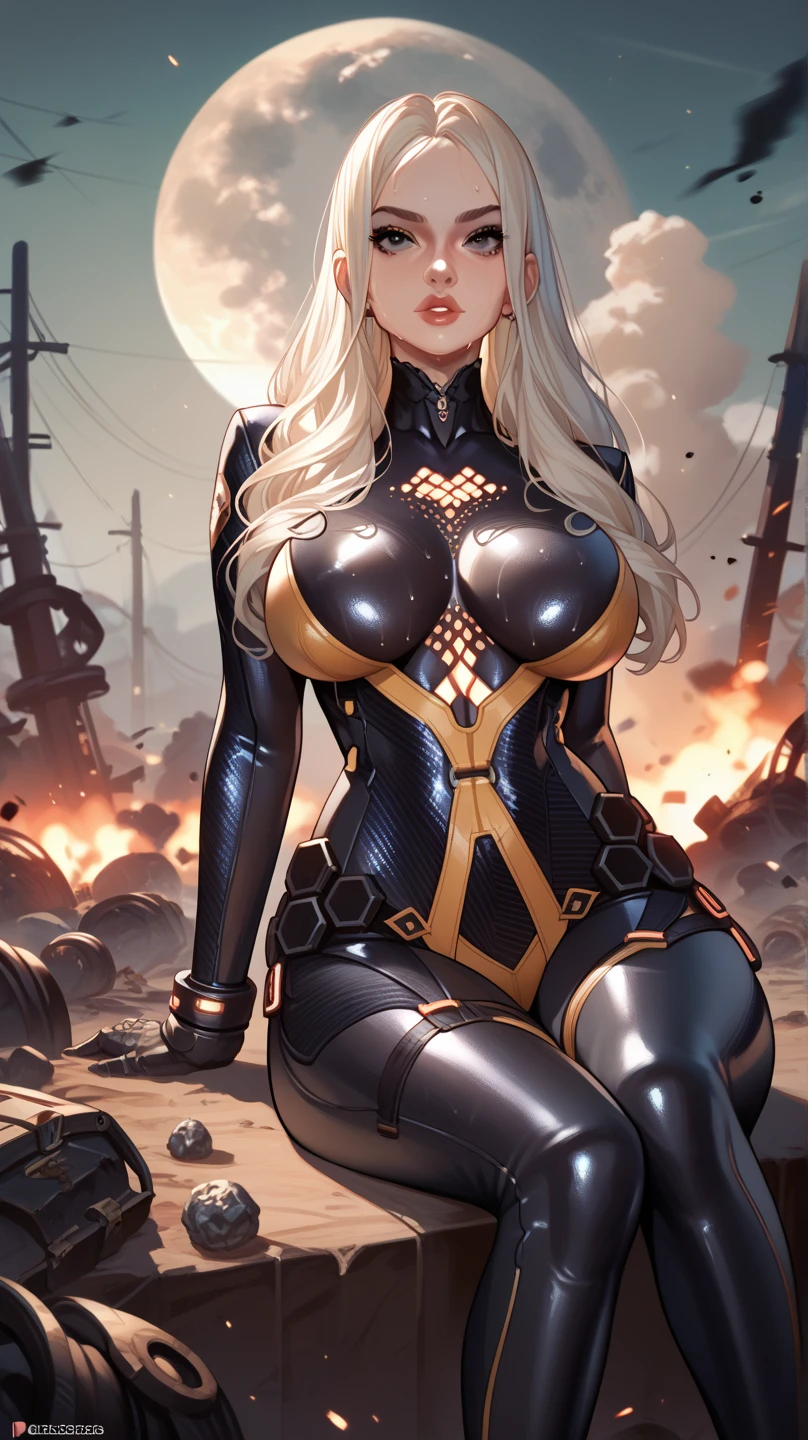 black super heroine with the power of lightning, white and curly hair, wears prescription glasses, large and perfect breasts, large and perfect butt, shapely legs and wears tight sexy clothes.