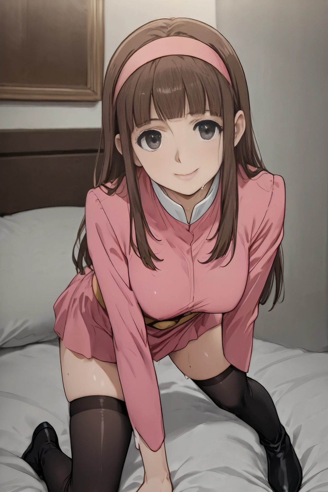 sayaka_yumi,1 female,solo,looking at viewer,nsfw,
I_,wet bangs,sidelocks,black eyes,blunt bangs,pink hairband,brown hair,long sidelocks,long hair,smile,
combat_uniform,pink dress,white panty,mini skirt,long sleeves,white elbow gloves,white collar,yellow belt,black buckle,knee boots,circular buckle,zettai ryouiki,
white lace up boots,thigh-high boots,high heels,
beautiful legs,very thin thighs,thin calves,beautiful face,beautiful skin,large breast,nallow waist,butt close-up,Sweaty,I can see her panties,anatomically correct,
highest quality,masterpiece,high definition,
indoors,bent over,smile,on bed,bed room,