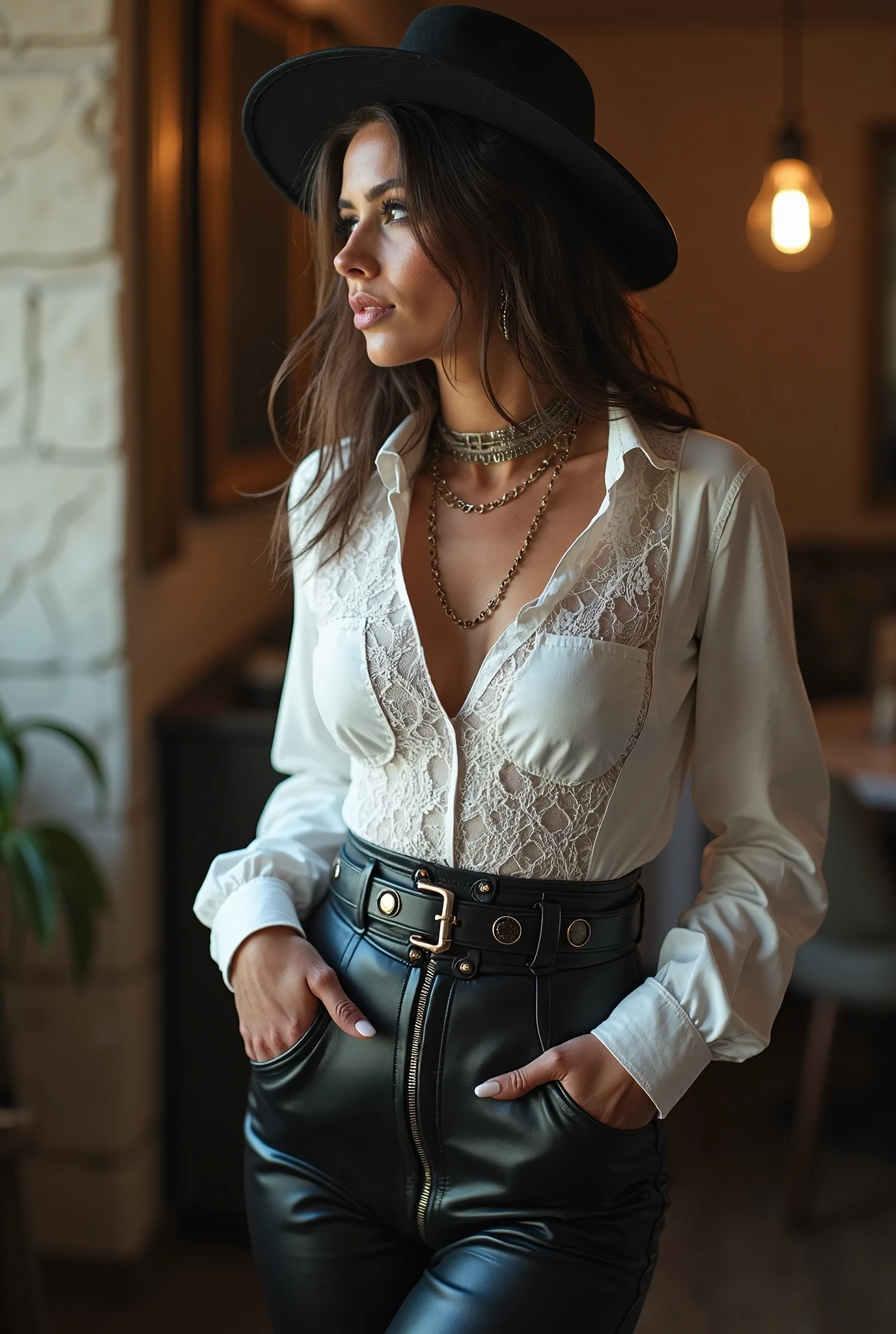 a beautiful brunette woman with long hair posing in a sexy manner, wearing a white lace tank top and leather pants, highly detailed, photorealistic, 8k, masterpiece, cinematic lighting, dramatic atmosphere, dramatic lighting, elegant, sensual