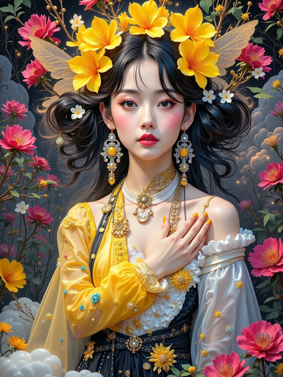 (masterpiece, top quality, best quality, official art, beautiful and aesthetic:1.2), (1man), extreme detailed,(fractal art:1.3),colorful,highest detailed Rated R, nsfw, sexy female cyborg, magazine cover, poster art , Lovecraftian horror tattoos, tattoos, hint of vibrant, bold huge text, matted design layout. , musculine, Muscle body, Hairy chest and hairy body, loincloth,painting of a woman holding a bouquet of sunflowers in front of a golden background, hyperrealistic art nouveau, chie yoshii, andrey remnev, by Yamagata Hiro, mucha klimt and tom bagshaw, inspired by J. C. Leyendecker, inspired by J.C. Leyendecker, inspired by James C. Christensen