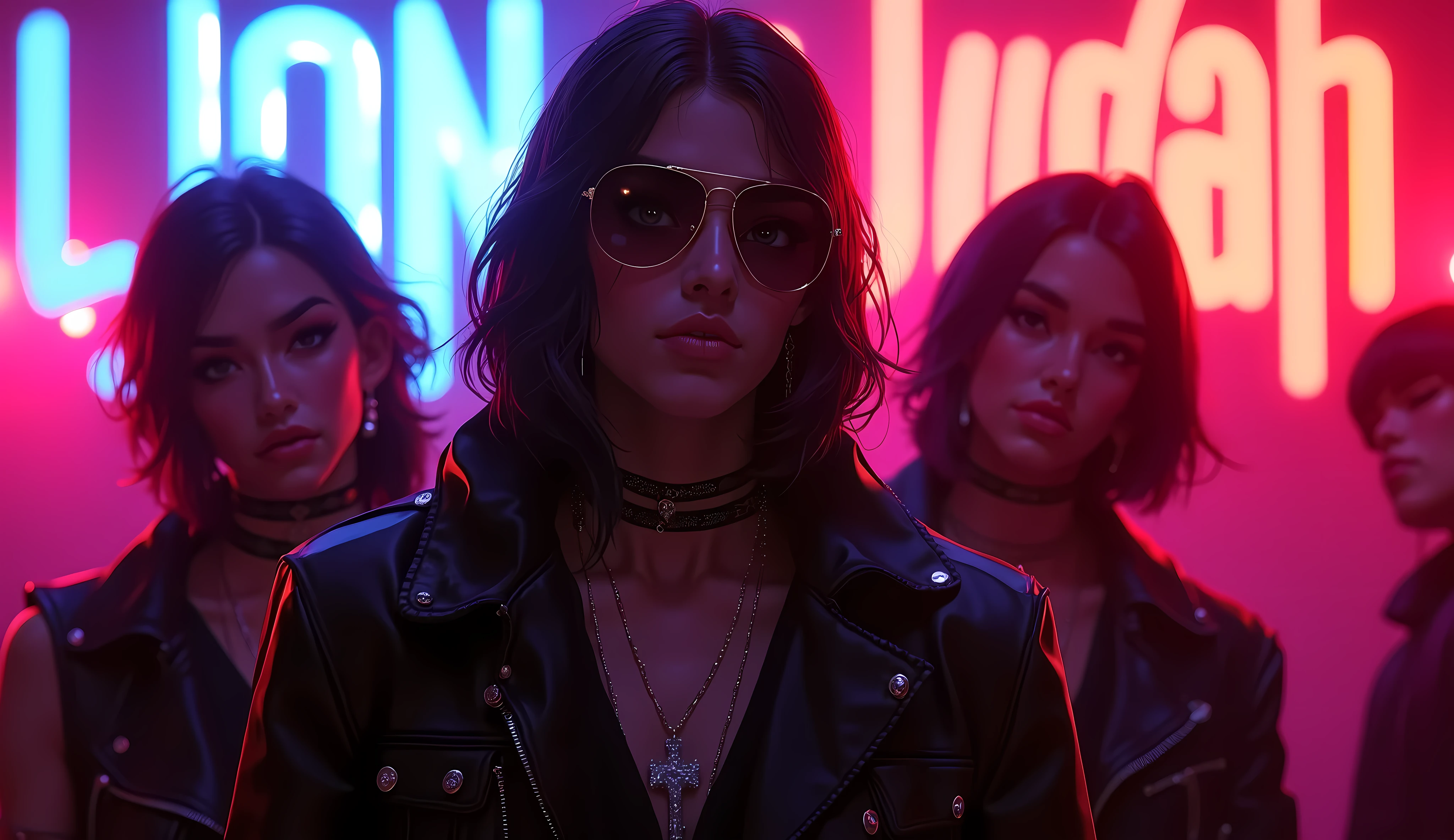 (( RAW photo), absurdo, ( absurd resolution)), masterpiece, envelopes, ( Extremely detailed 8k unit CG wallpaper), ( best illustration), ( best shade), realistic lighting , detailed and beautiful glitter, ((25 years old)), black hair, 90 , black jacket , necklace with a cross , 4 jovenes en una banda de heavy metal, playing a concert, black sunglasses, heavy metal, behind there are some neon letters that say "Lion of Judah"