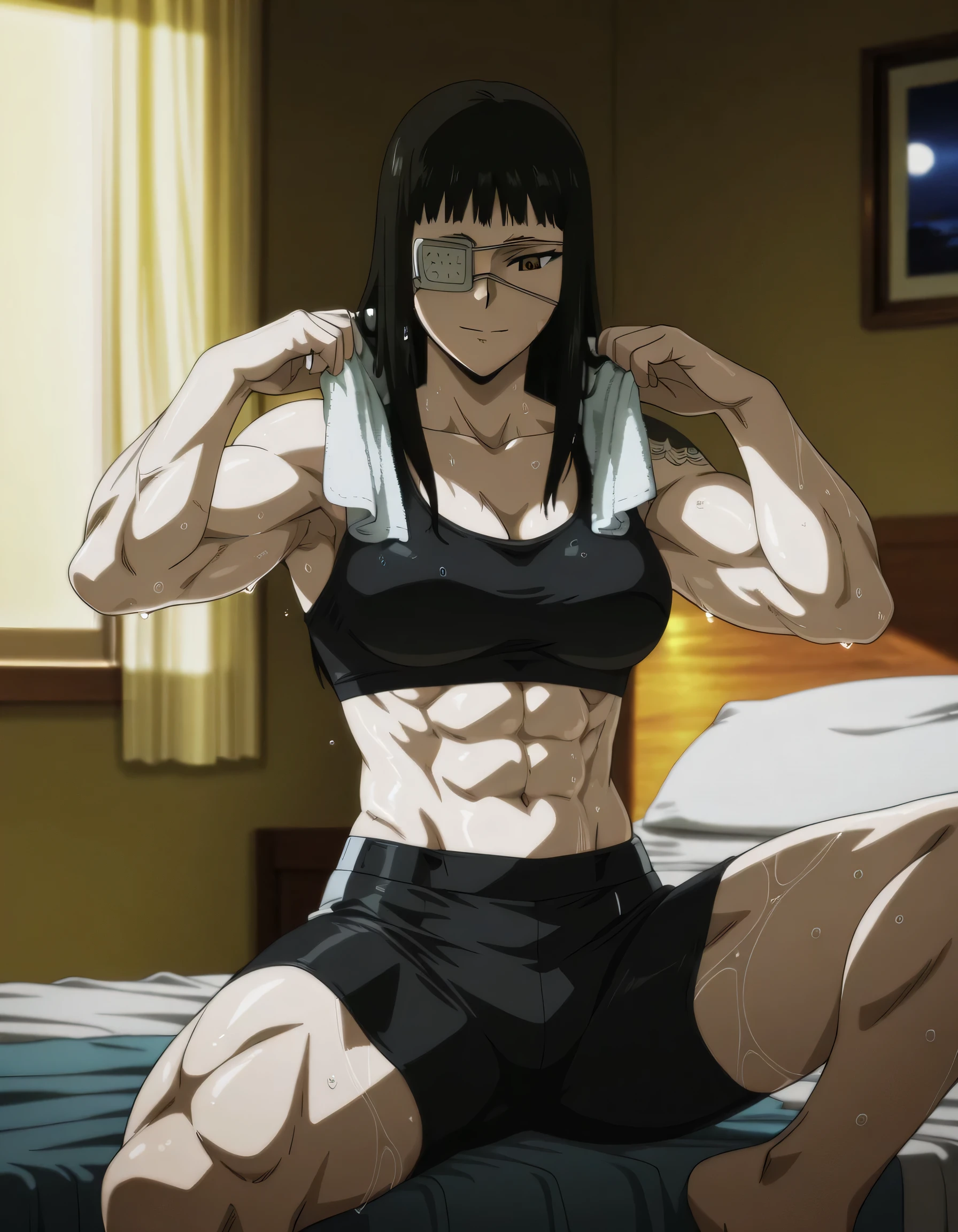 (best quality,ultra-detailed,realistic:1.37),musclaur badass girl with sculpted body have a tattoos ,full review of the female character face and body, intense expression, strong and confident posture, studio lighting, vivid colors, physiologically-based rendering, grungy texture, rugged background, dust particles in the air, commanding presence, professional, powerful, gritty aesthetics,Valmet،short hair,necklace,eyepatch,handsome look,gym,wearing black sport tank top and black gym short,Shining muscles,veins in muscles,1girl,six-pack,perfect muscles,1girl,bedroom,lying on bed,sleeping, Valmet rests one of her arms on her neck