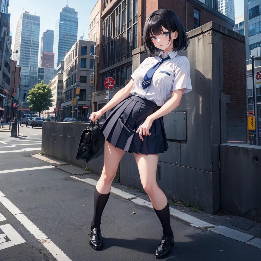 raw photo, candid,one girl, solo, narrow eyes, full body, black pantyhose, textured skin, ,blue tie, short twin tails, bangs about eyebrows,(medium hair:1.2), pale skin, Japan person, glasses, small, young, tall, dark expression, bright black eyes, anger, school uniform, Shiogama high school girl's skirt, slender body, medium build, small waist, wide thighs, photorealistic, best quality, 8K, masterpiece