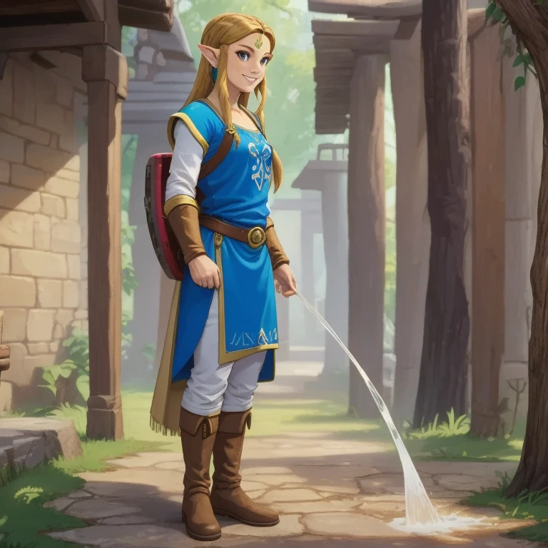 breath of the wild, princess zelda, (((pee stain))), brown leggings, worried, embarrassed, (standing)