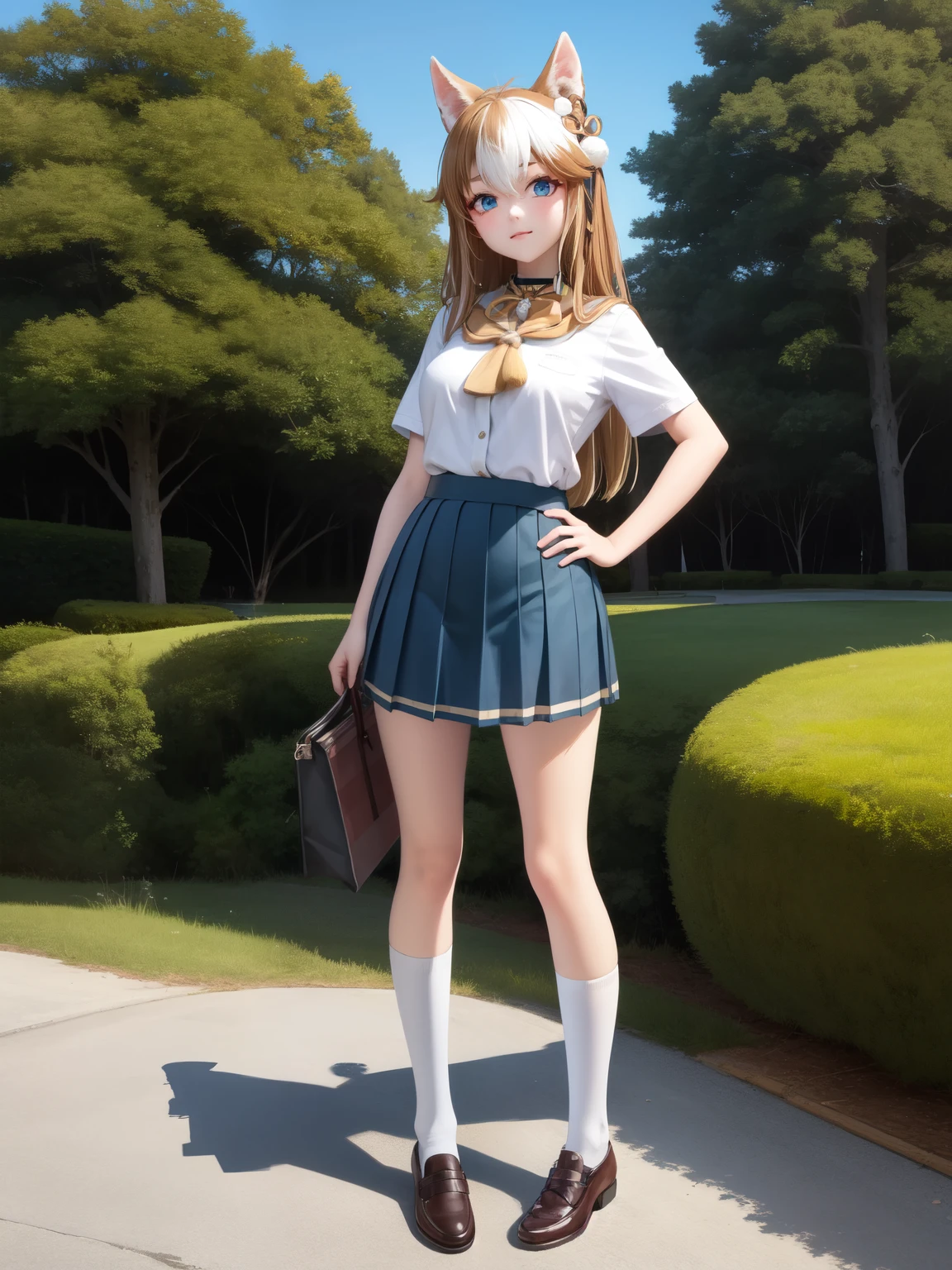 masterpiece, best quality, high quality, full body, outdoors, looking at viewer, 1girl, hand on hip, hina-fi, two-tone hair,tokiwadai school uniform,  