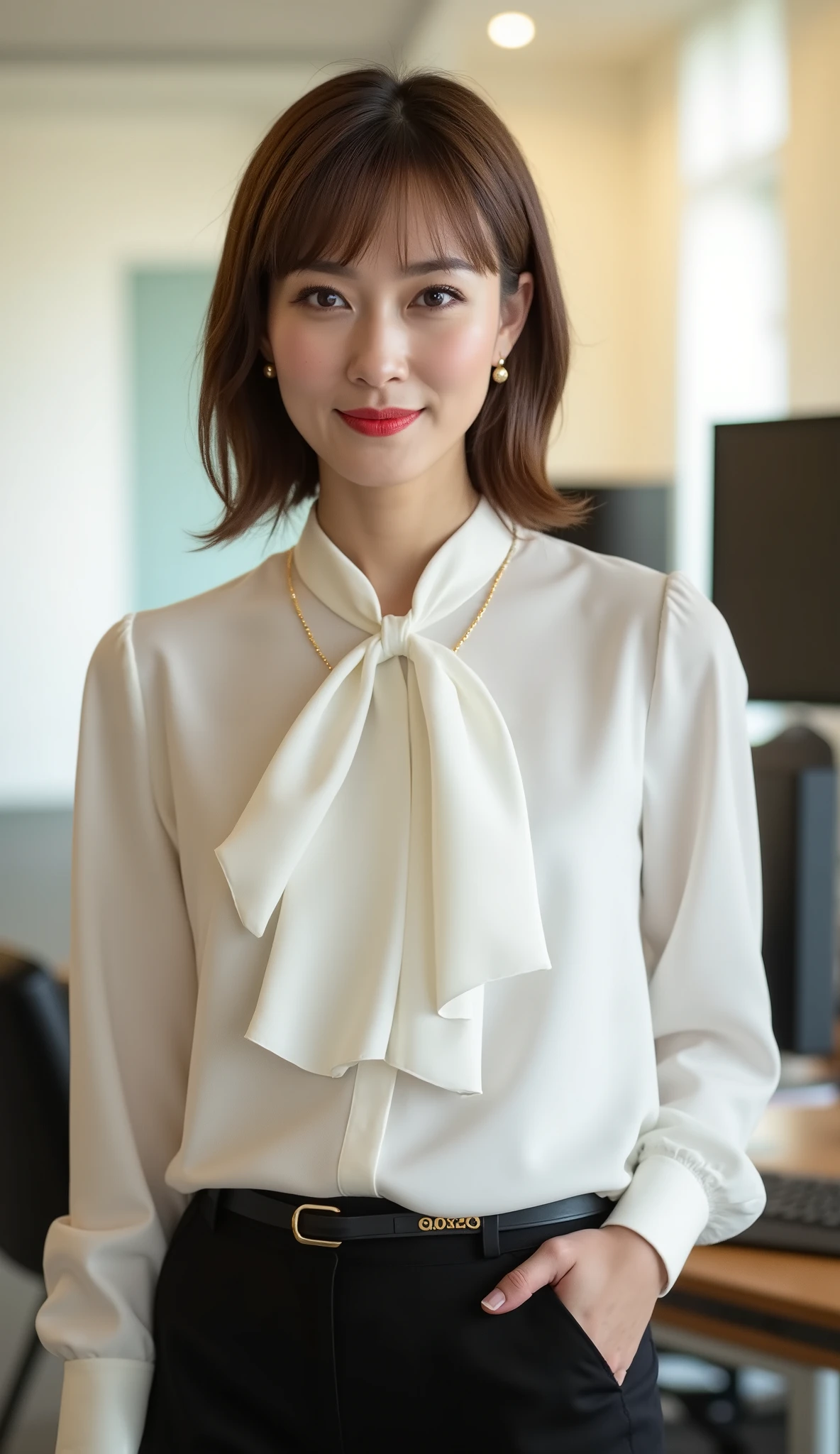Side view, full body, standing pose, on floor, near a chair , IT company general manager, beautiful young Korean carrier woman , 30-age ,( intelligence face, short brown hair, fringe, beautiful brown eye, red lips, smile ), ( gold earrings , gold necklace),( C cup breasts, Middle Hip) ,( white blouse, white clothes can be seen through , black pant, thin black belt), black Hi-heal, in IT office room, desk, note computer, monitor , noon(super detailed, High Details , High Quality , Accurate, anatomically correct , textured skin, beautiful fingers super detailed, High Details , High Quality , High Quality )