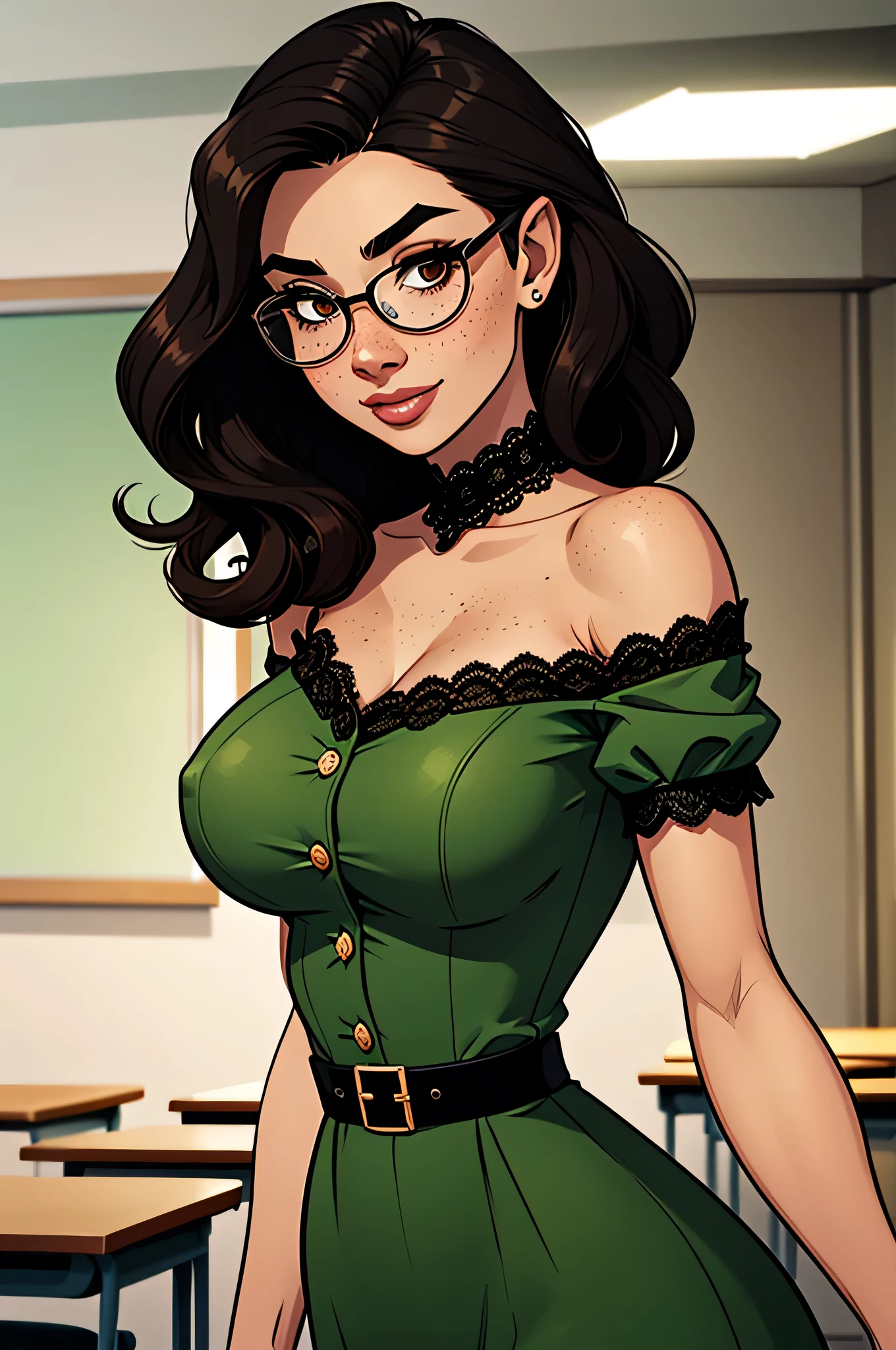 (masterpiece, top quality, best quality, official art, beautiful and aesthetic:1.2), (1girl:1.3), (gorgeous face), long hair, (light brown hair, honey colored highlights: 1.25), (hazel eyes flecked with green), full lips, 5'4" tall, slender and taut, size 34C breasts, lightly tanned skin, (full body:0.6), detailed background, close up, (airy modern theme:1.1), arched back, smile, mysterious, standing in a book store, low cut fitted blouse, short skirt, book store, well-lit, slim waist, slim hips, long legs, modern, background, mysterious mood lighting, shadows, magical atmosphere, high angle,