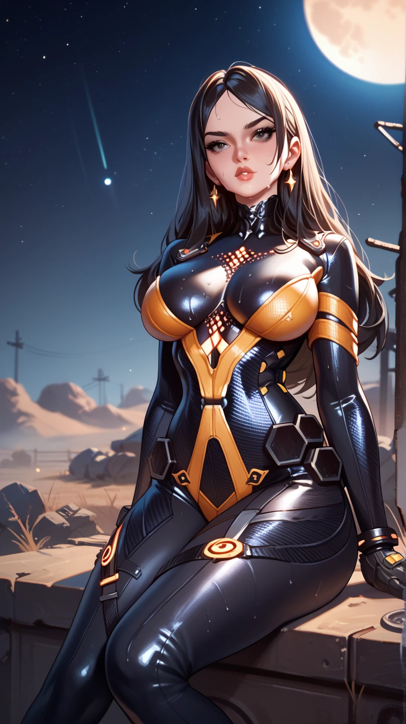 ((highest quality)),(Ultra-high resolution),(Very detailed),(Detailed Description),((The best CG)),(A masterpiece),Ultra-detailed art,Amazing drawing art,(Sci-fi art with intricate detail:1.5), (A detailed and intricate female robot:1.5),(Sharp body lines:1.3),(red,yellow,green,orange:1.4), (nebula:1.8), (meteor:1.8)