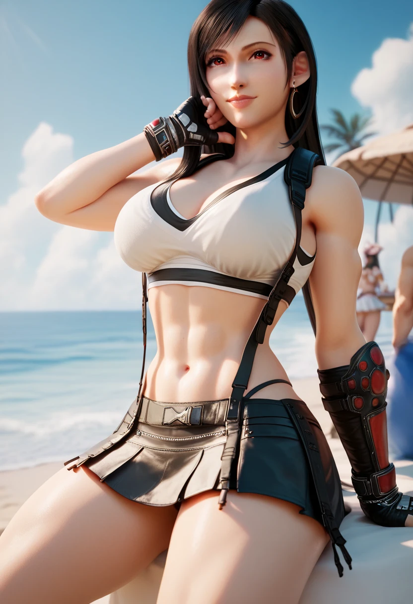 Unreal Engine 5 Realistic Render, (masterpiece, best quality), intricate details, ((Best quality)), ((masterpiece)), ((realistic)), (hyperrealism:1.2), (fractal art:1.2),
1girl, tifa lockhart original costume, white crop top, arm guards, fingerless gloves, suspenders, pleated miniskirt, black thighhighs, red boots
extreme detailed eyes, colorful, highest detailed,
vibrant colors, high contrast,
(8K UHD:1.2), (photorealistic:1.2), beautiful face, top body is hyperrealistic thicc muscle and hyper largest_breasts!! with the type of boobs_melons, lower is huge buttocks, wet shiny body
