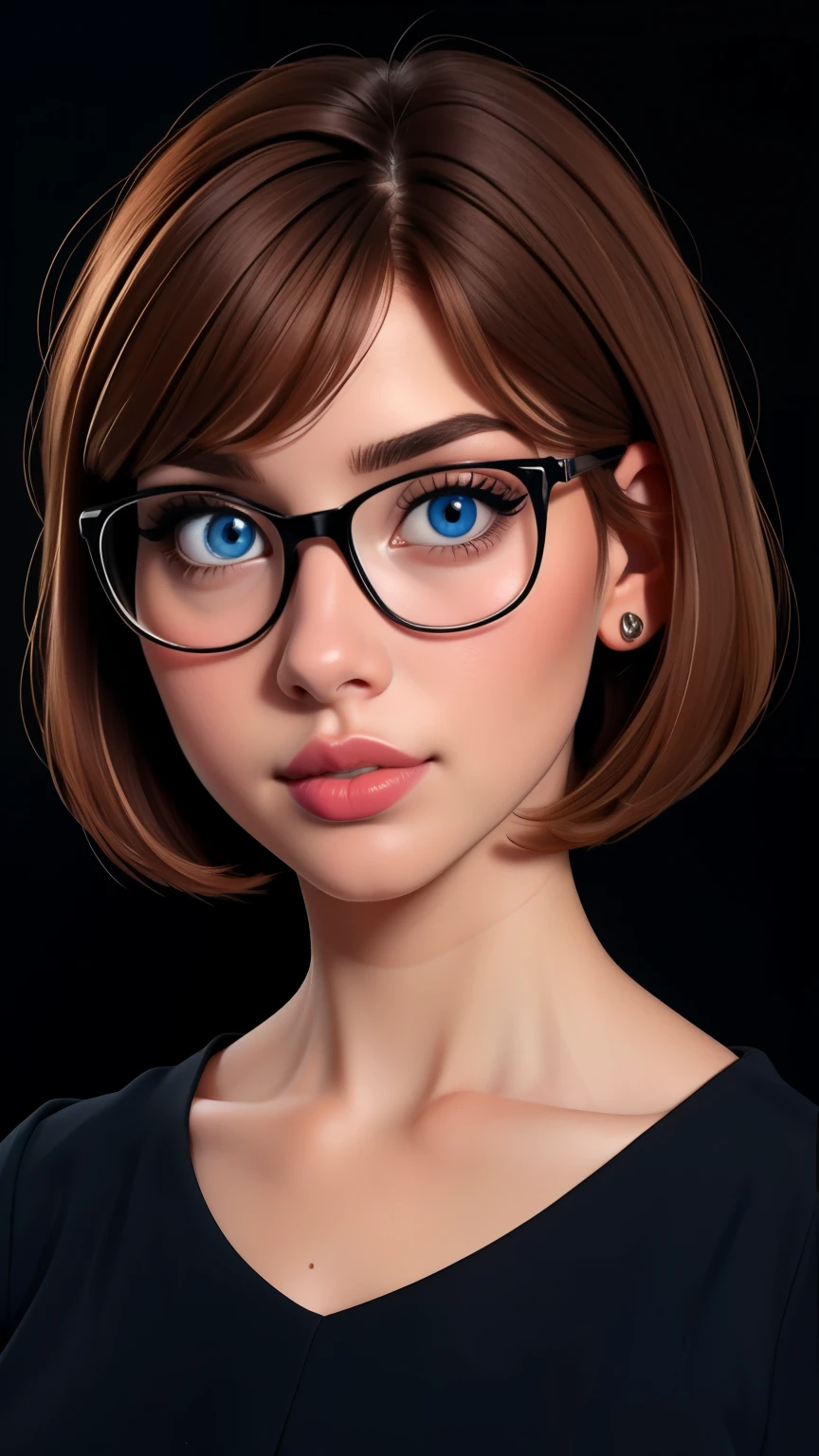 glasses, bbw, light hazelnut hair, bob haircut, blue eyes, full lips, black background, high quality photography (full body portrait)