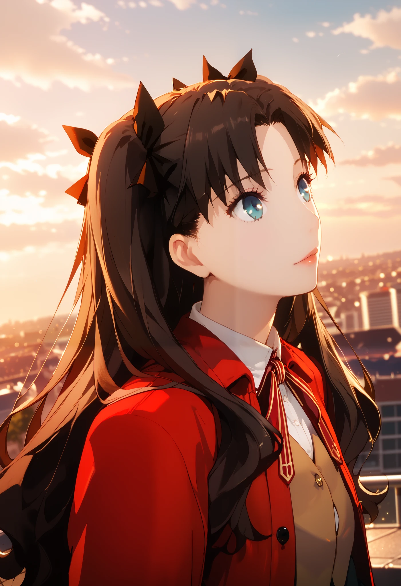 1girl, solo, tohsaka rin, dutch angle, from below, (looking up to the sky: 1.2), black hair, (flowing hair: 1.2), blue eyes, (beautiful detailed eyes: 1.2), school uniform, high-collar white shirt, red ribbon, brown vest, red coat, school rooftop, windy, beautiful sunset, wallpaper, masterpiece, high quality, highly detailed