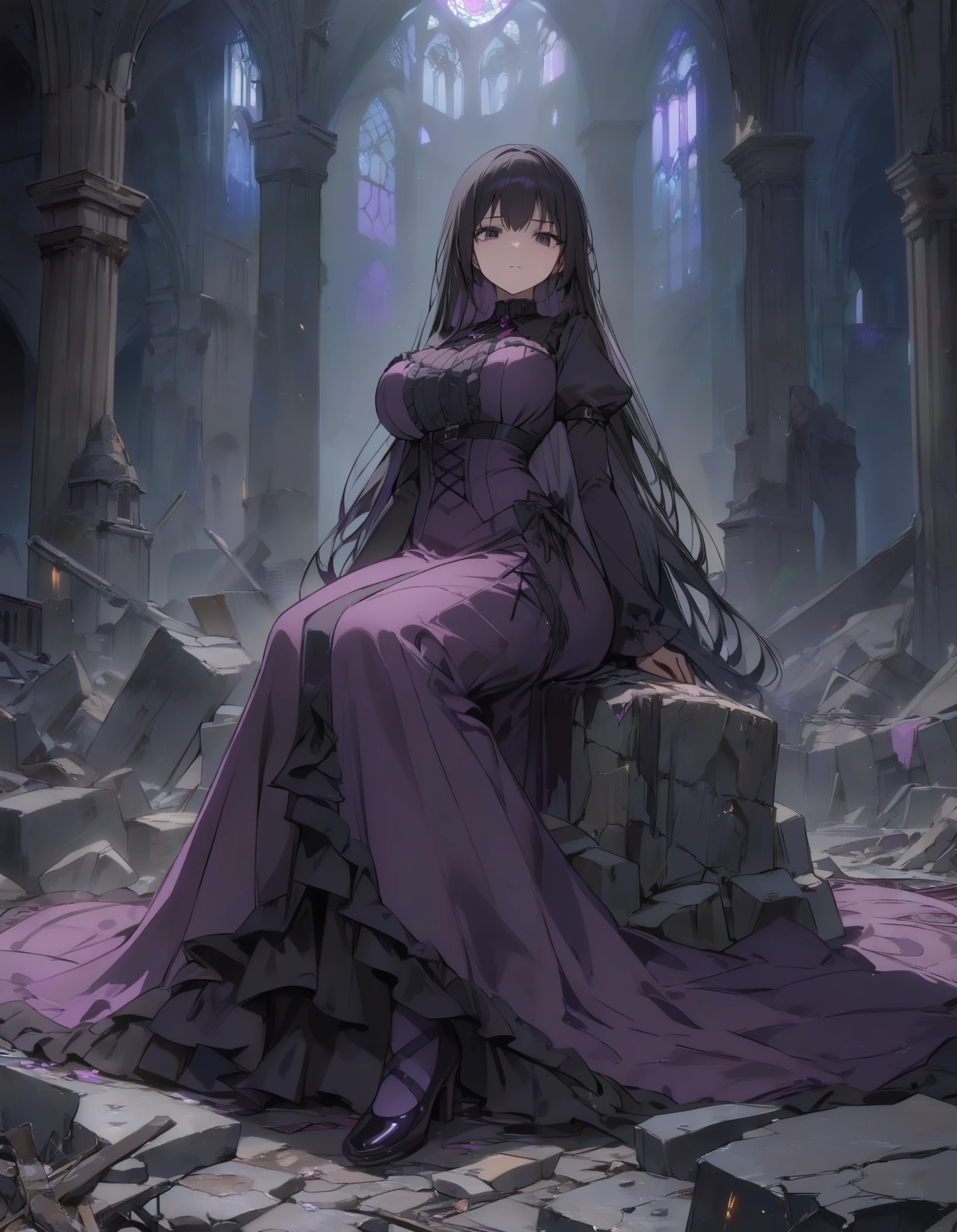 ((masterpiece, best quality, extremely detailed, absurdres)),ruined cathedral,dark,dim lighting,1girl,sitting on rubble,black hair,straight long hair,expressionless face,pure black eyes,(frilled dark purple gothic dress),large breasts,