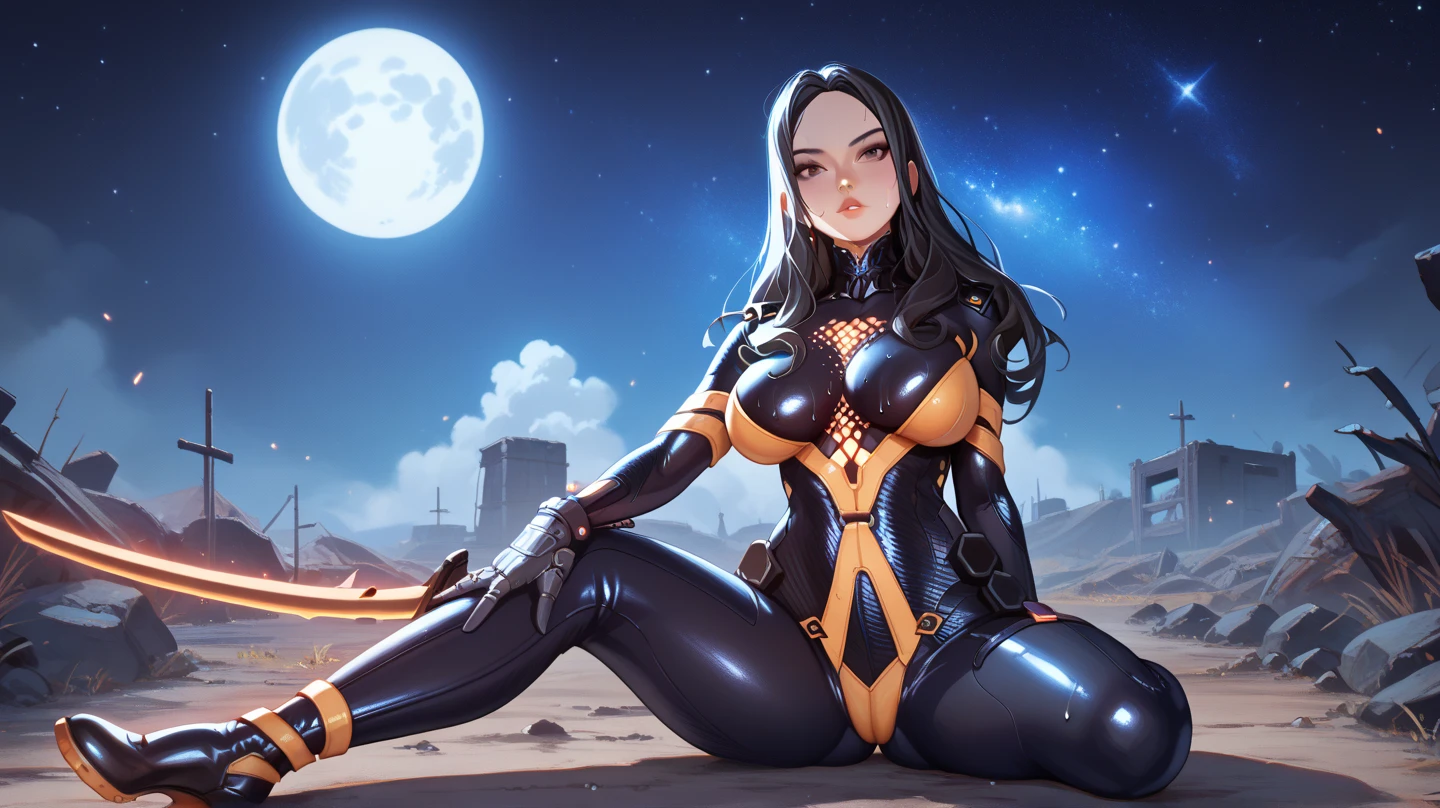8K,high quality,anime,married woman,beautiful,clean,bright,eye highlights,sexy,super big tits,oversized,erotic,nude,beautiful line drawing. Blue skin, blue and orange gradient ear fins, black hair color, leotard outfit, tights on legs,