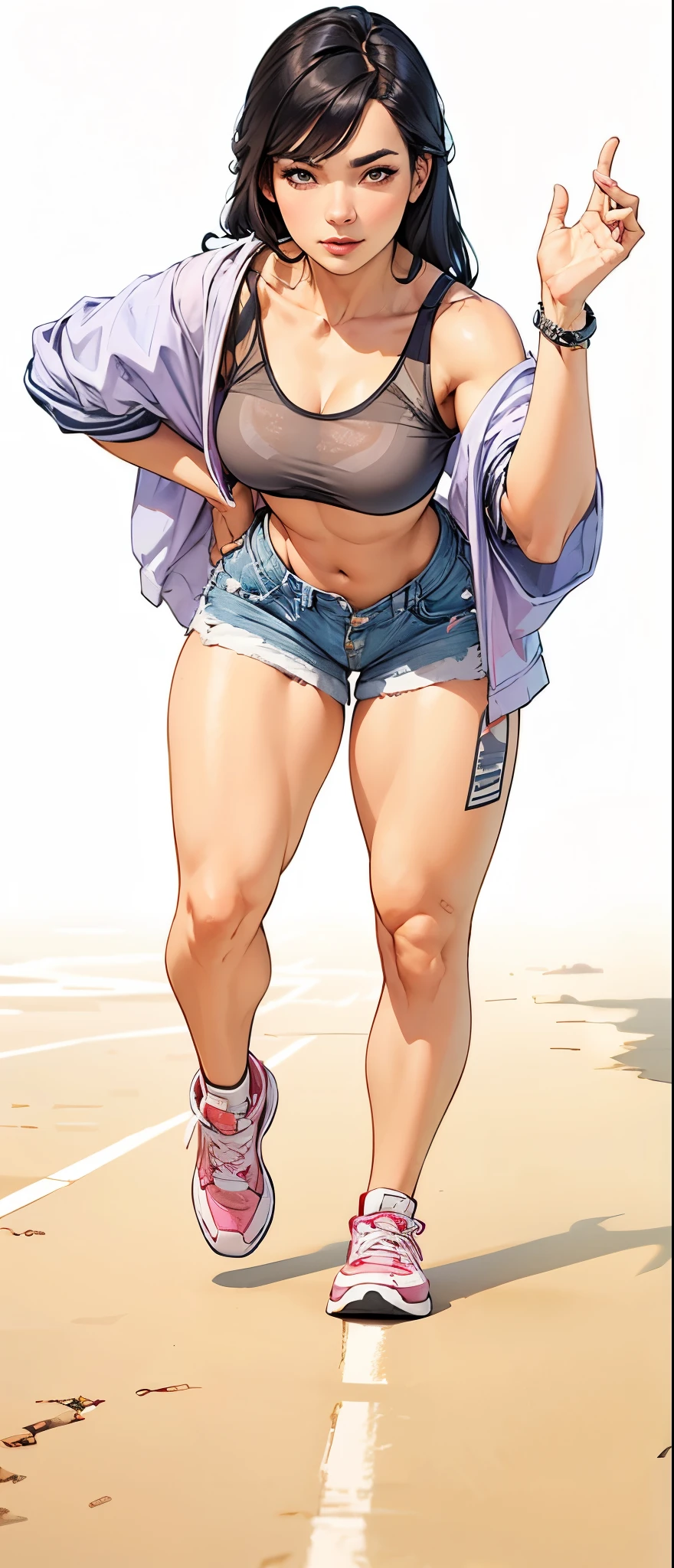 Full body image of Loud from The Loud House, full body in image, wearing her original outfit (light blue tank top, beige shorts, and light blue flip-flops), long blonde hair, female body, slender and athletic body, dynamic pose, detailed pose, simple background, expressive face showing a confident smile, focus on face, line art, sketch