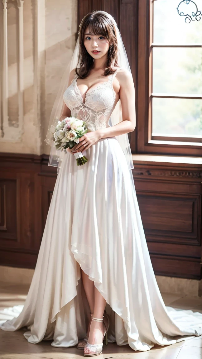 (best quality, high definition, masterpiece:1.2,), Illustration, night, 1girl, full body, (wedding dress), arm behind back, waiting for kiss, looking at viewer, happy, blush,